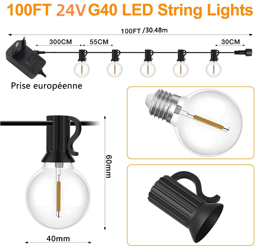 Guirlande lumineuse extérieure 30M, lumière de jardin avec 50+2 ampoules LED G40 IP44 étanche, adaptée pour terrasse, mariage - 3