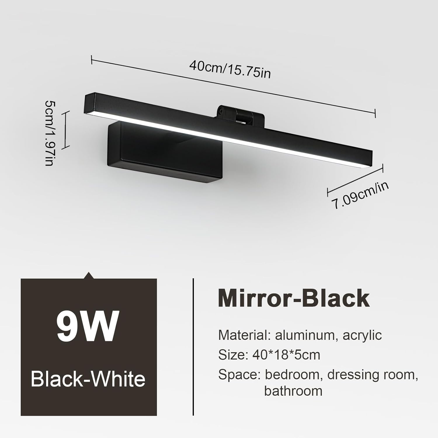 GOECO Lampe Miroir Salle de Bain 9W 1100LM 220V, 40cm Lampe Miroir Applique LED Salle de Bain, Blanc Froid 6500K Luminaire Salle de Bain IP40, Noir - 6