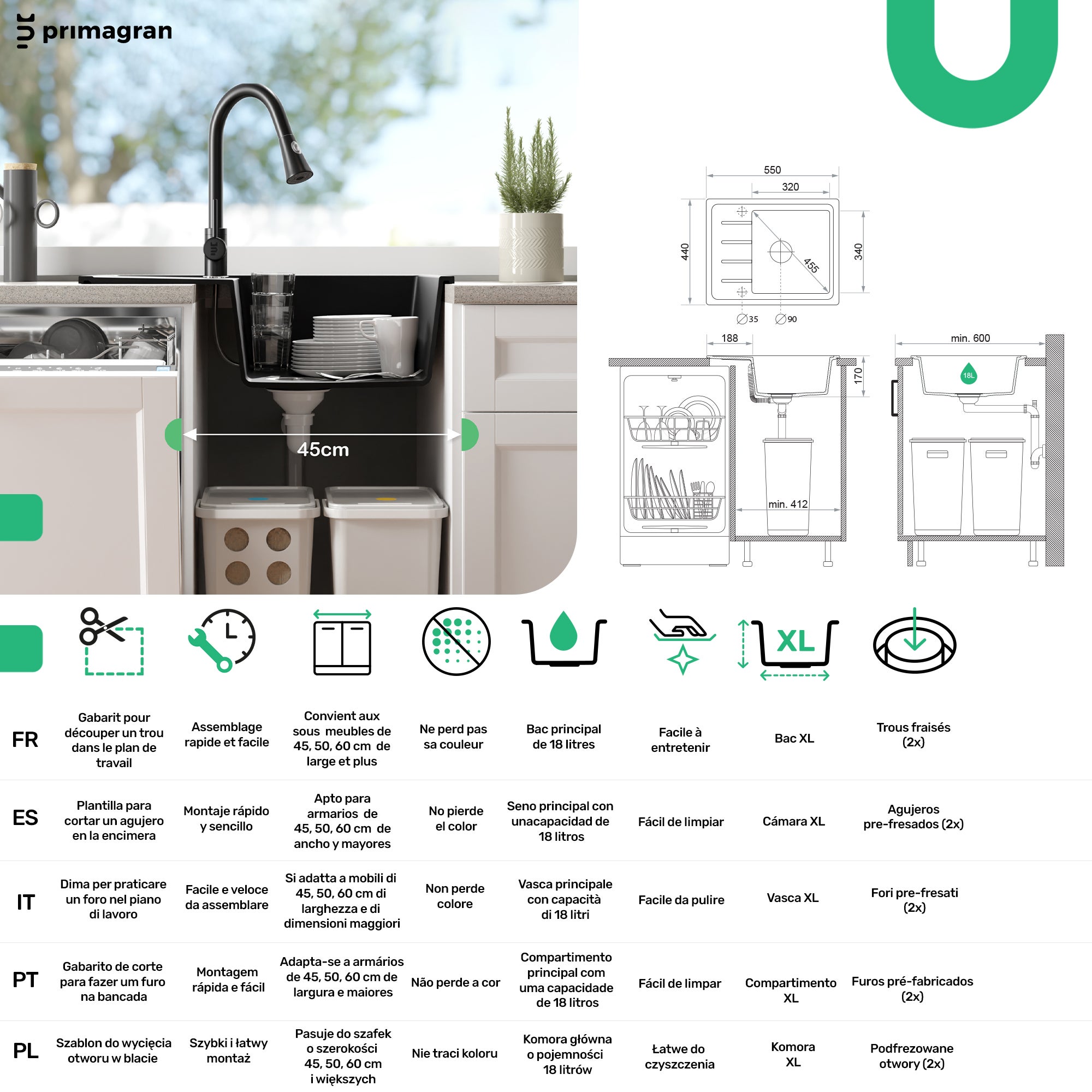 Evier Cuisine en Granit Blanc 55x44cm, Lavabo 1 bac + Kit de Vidage, Évier à Encastrer au meuble 45cm - Copenhague Easy PRIMAGRAN - 6