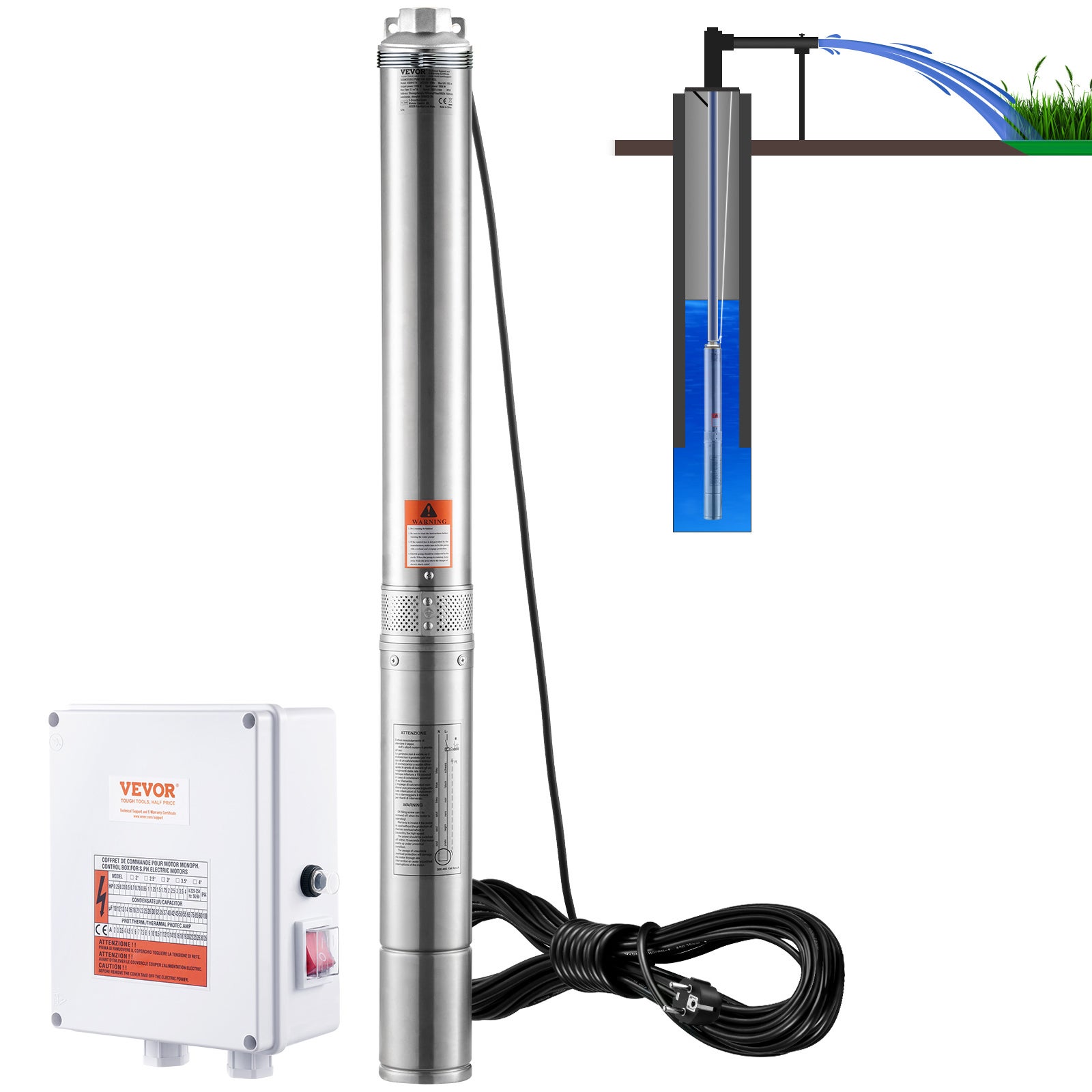 Pompa głębinowa pompa studniowa 2200 W 9,8 m³/h 144 m Zewnętrzna skrzynka sterownicza VEVOR