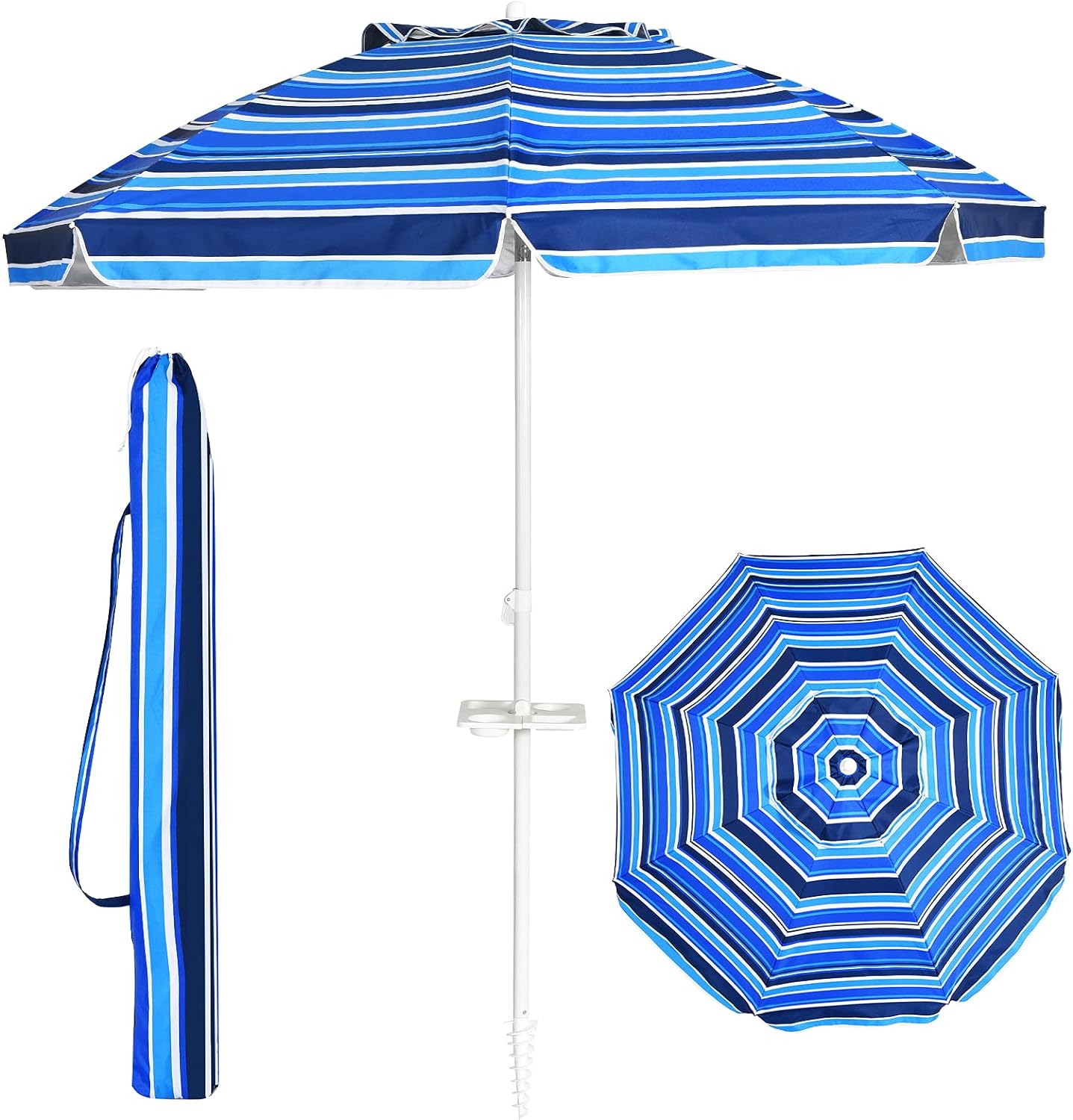 Parasol Plażowy D.199 x H.173 cm – Odchylana Głowica z Uchwytem na Kubek/Daszek/Torba– 8 Żeber – Końcówka w Kształcie Śruby – Ciemnoniebieski
