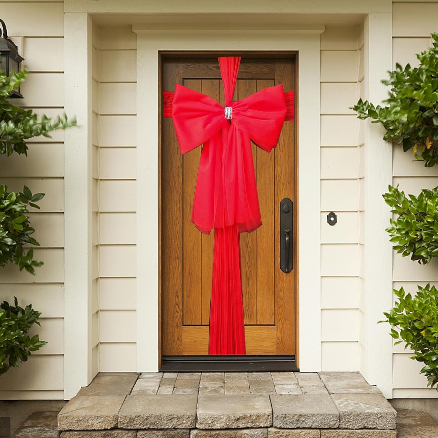 Lazo navideño para puerta, decoración navideña para puerta principal, lazo doble con decoración de diamantes de imitación, boda, fiesta, Navidad, dec - 3