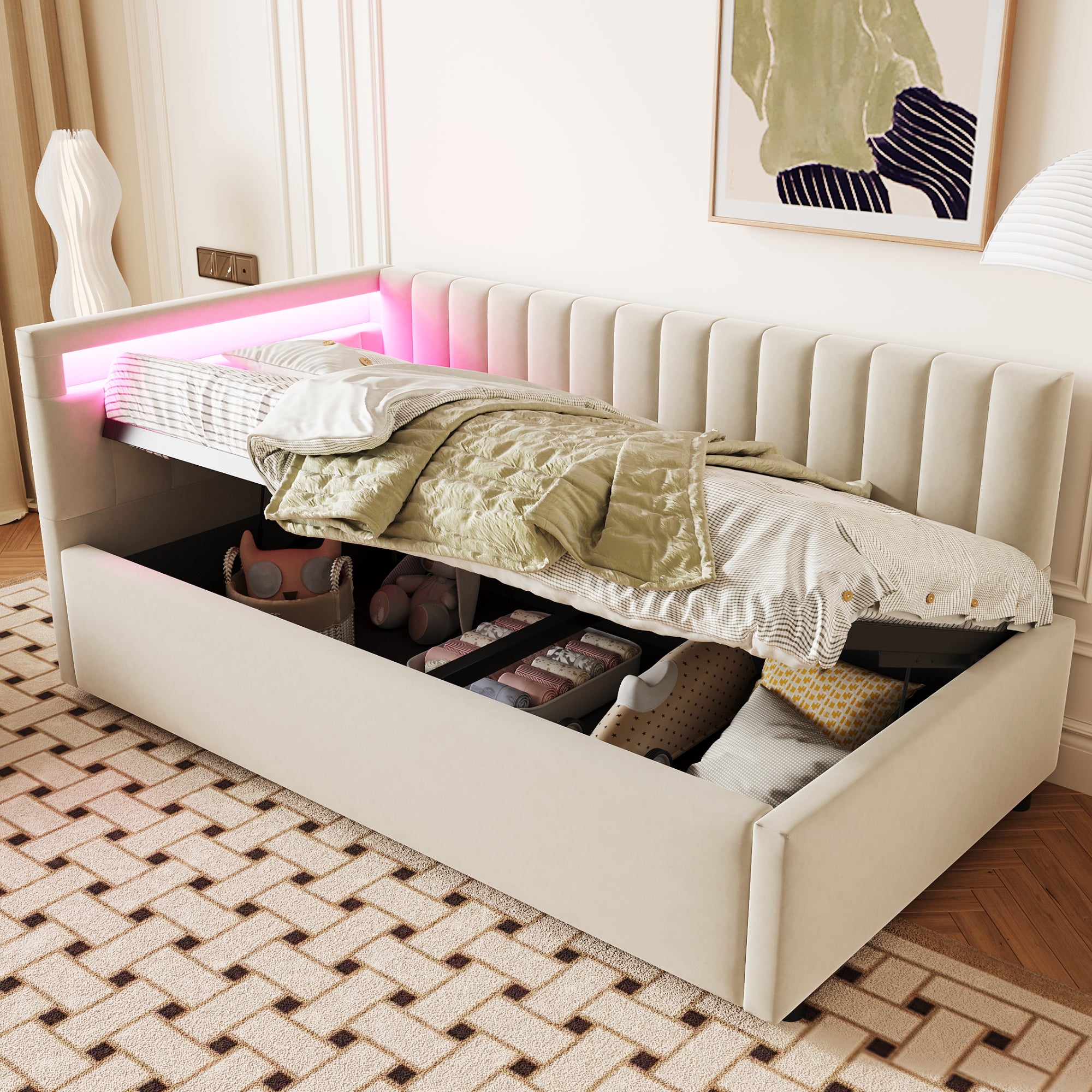 Proximax  Sofá Cama Tapizado 90X200 (Terciopelo ): Led + Almacenaje Hidráulico, Lamas Verticales, Cabeceros Laterales Intercambiables, Somier De Láminas Beige , Leroy Merlin