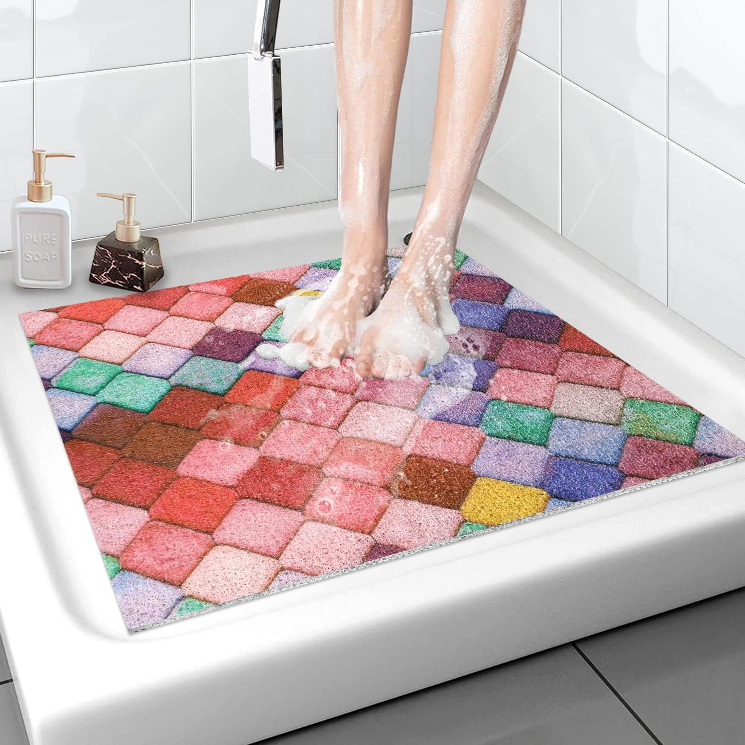 Antypoślizgowa mata pod prysznic, 60*60cm, miękka i wygodna mata łazienkowa zapewniająca bezpieczeństwo z otworami drenażowymi, masaż Luffa z PVC