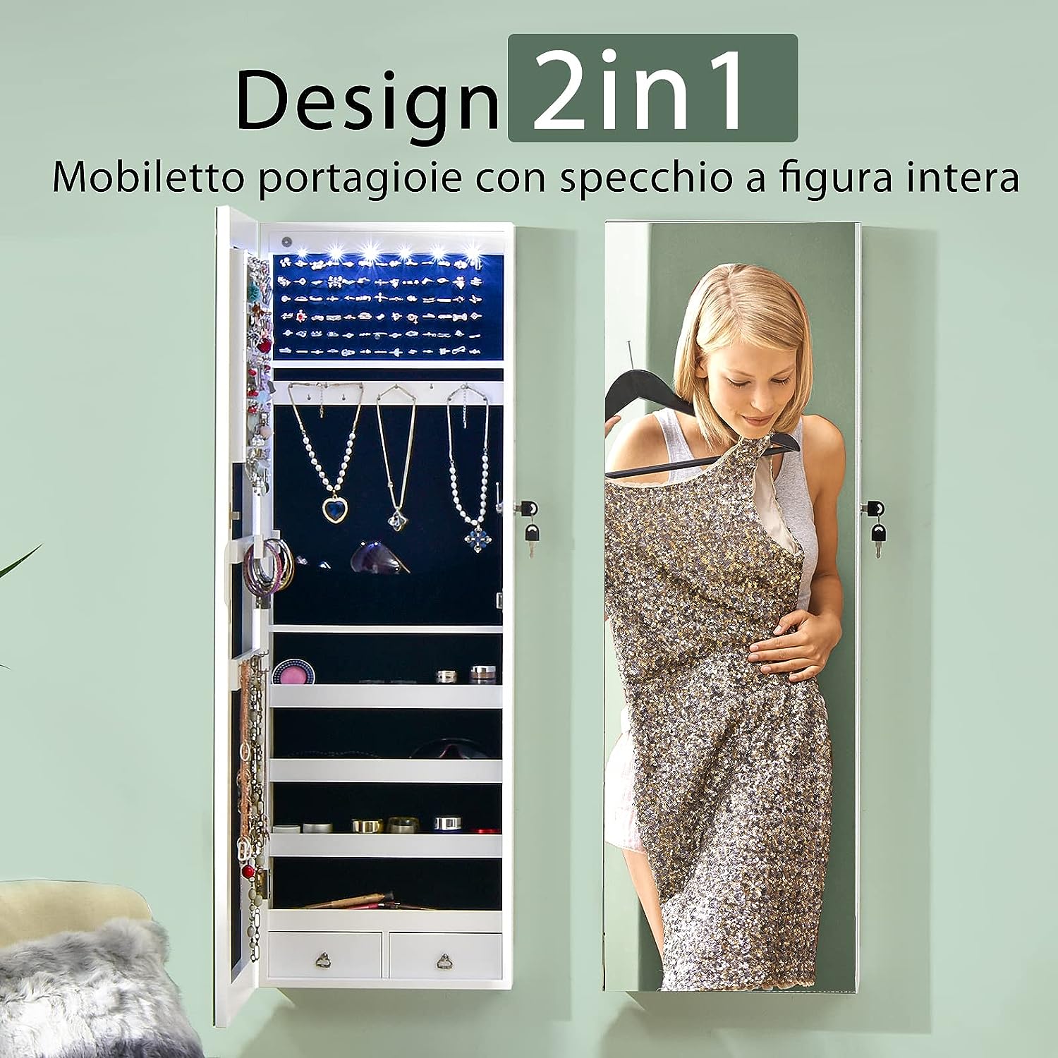 Armoire à Bijoux à Fixation Murale/Porte 6 LED et 2 Tiroirs - 6