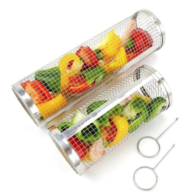 Koszyk do grilla, koszyk do grilla na kółkach, siatka do gotowania na świeżym powietrzu, idealny do warzyw, owoców morza, mięsa, 2 sztuki