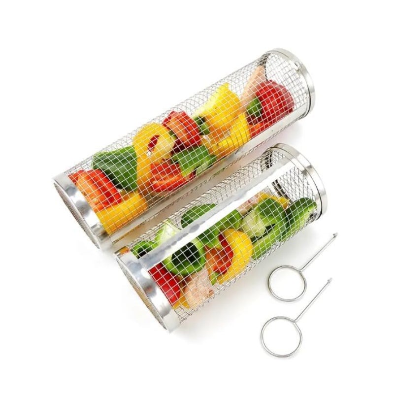 Koszyk do grilla, koszyk do grilla na kółkach, siatka do gotowania na świeżym powietrzu, idealny do warzyw, owoców morza, mięsa, 2 sztuki