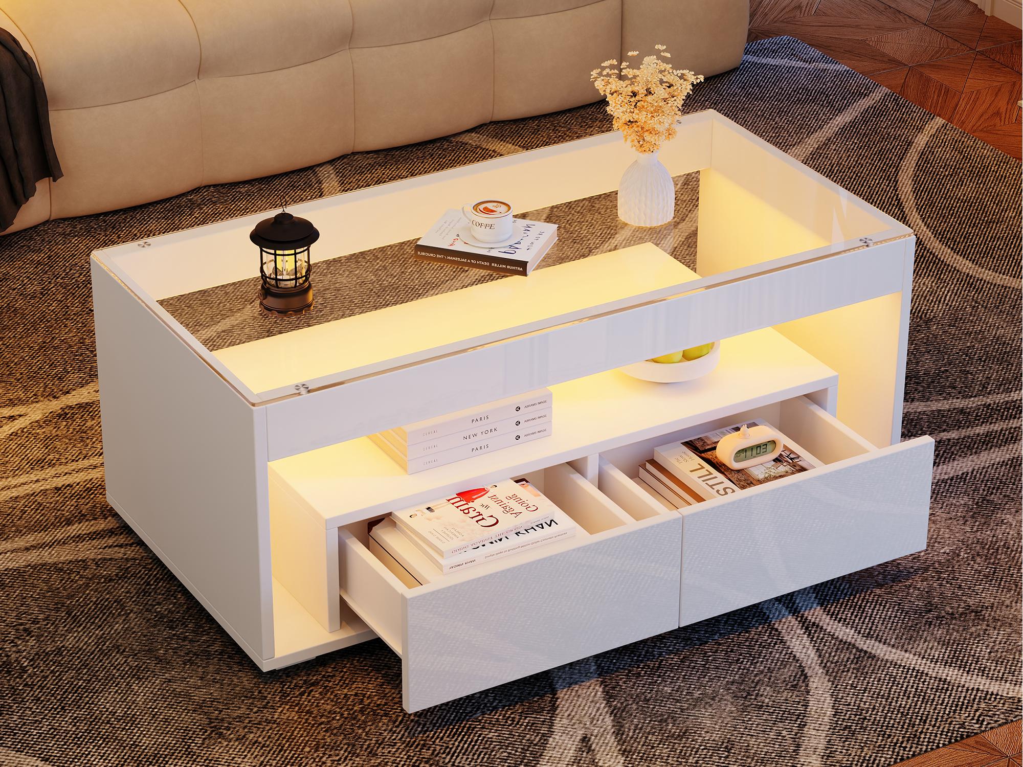 Stolik kawowy z połyskiem 100 x 50 x 40 cm - z 2 szufladami - z oświetleniem LED - Szklany blat - Biały