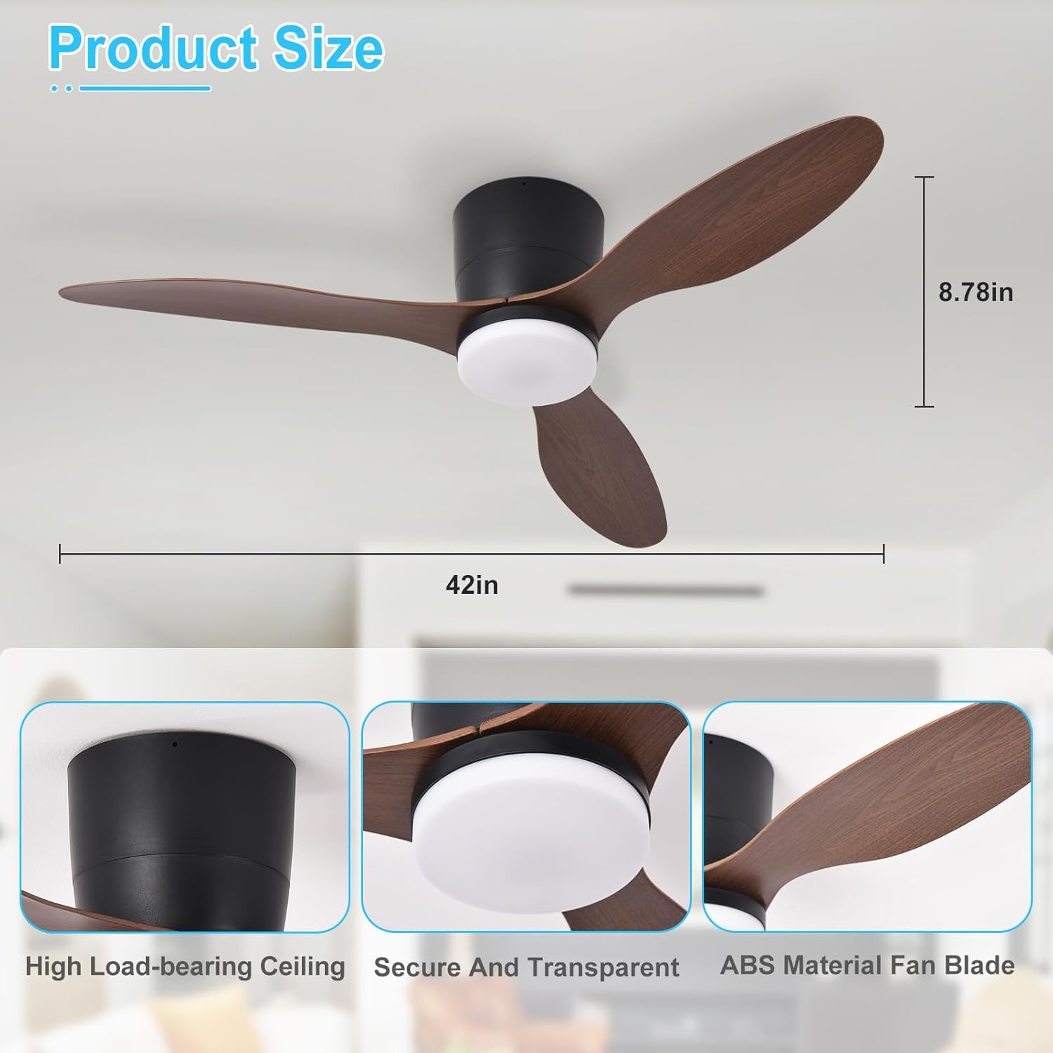 Ventilateurs de plafond de 42 pouces avec éclairage pour chambre à coucher, ventilateur à profil bas avec télécommande et pales Noyer réversibles - 5