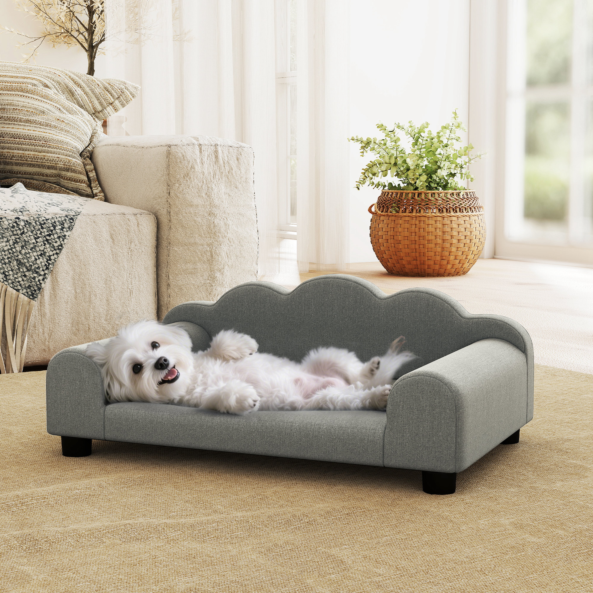 PawHut Divano per Cani con Braccioli di Supporto, in Legno e Tessuto French Terry, 66x42x28.5 cm, Grigio - 9