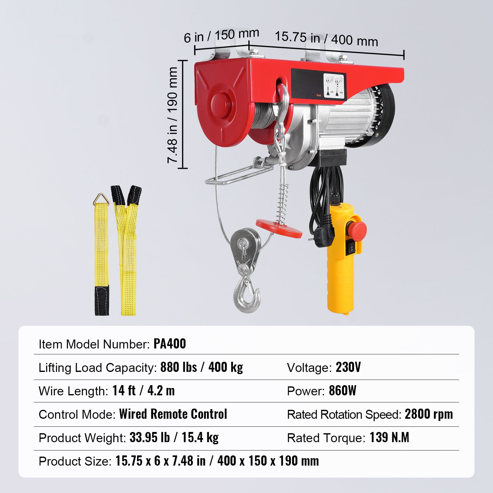 Palan électrique,SucceBuy capacité de levage 880 lb,treuil 230V avec télécommande filaire de 14 pieds - 9