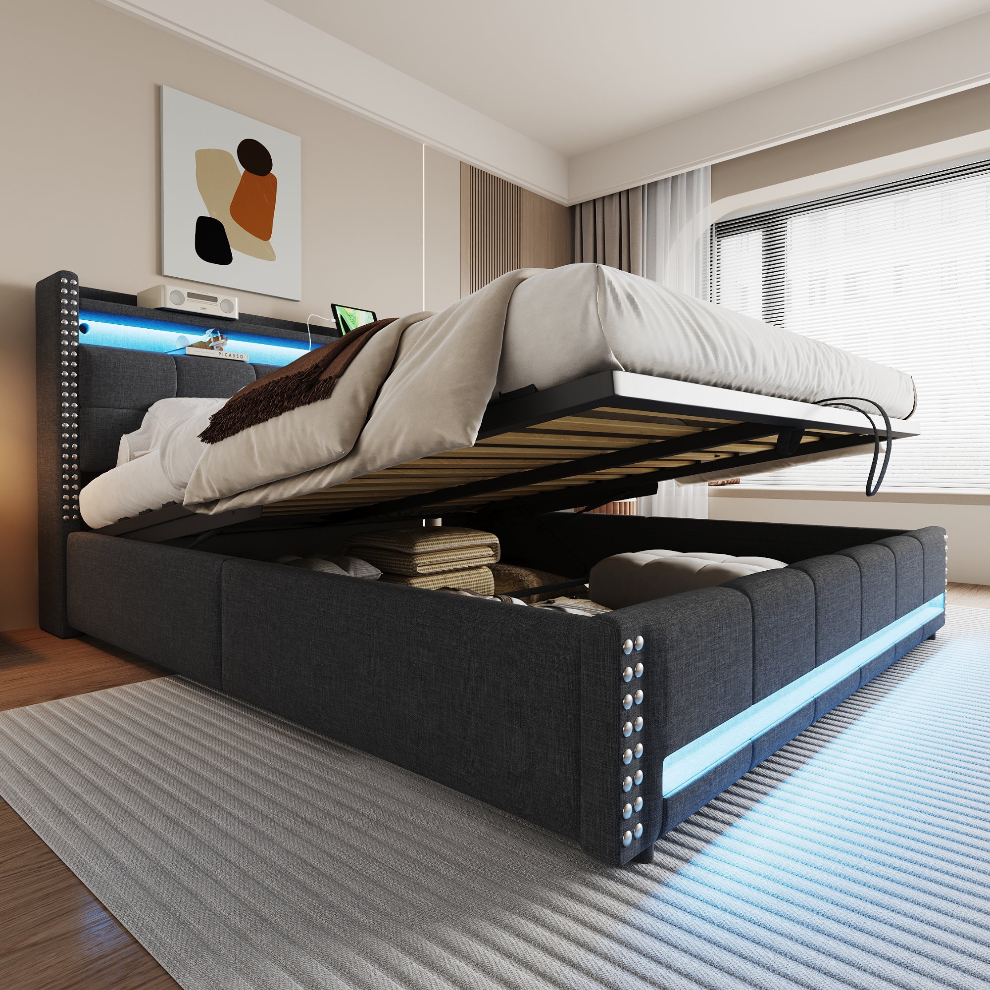 Łóżko ze schowkiem 180 x 200 cm z zagłówkiem i półką do przechowywania - diody LED i port USB - tkanina lniana - szare (bez materaca)