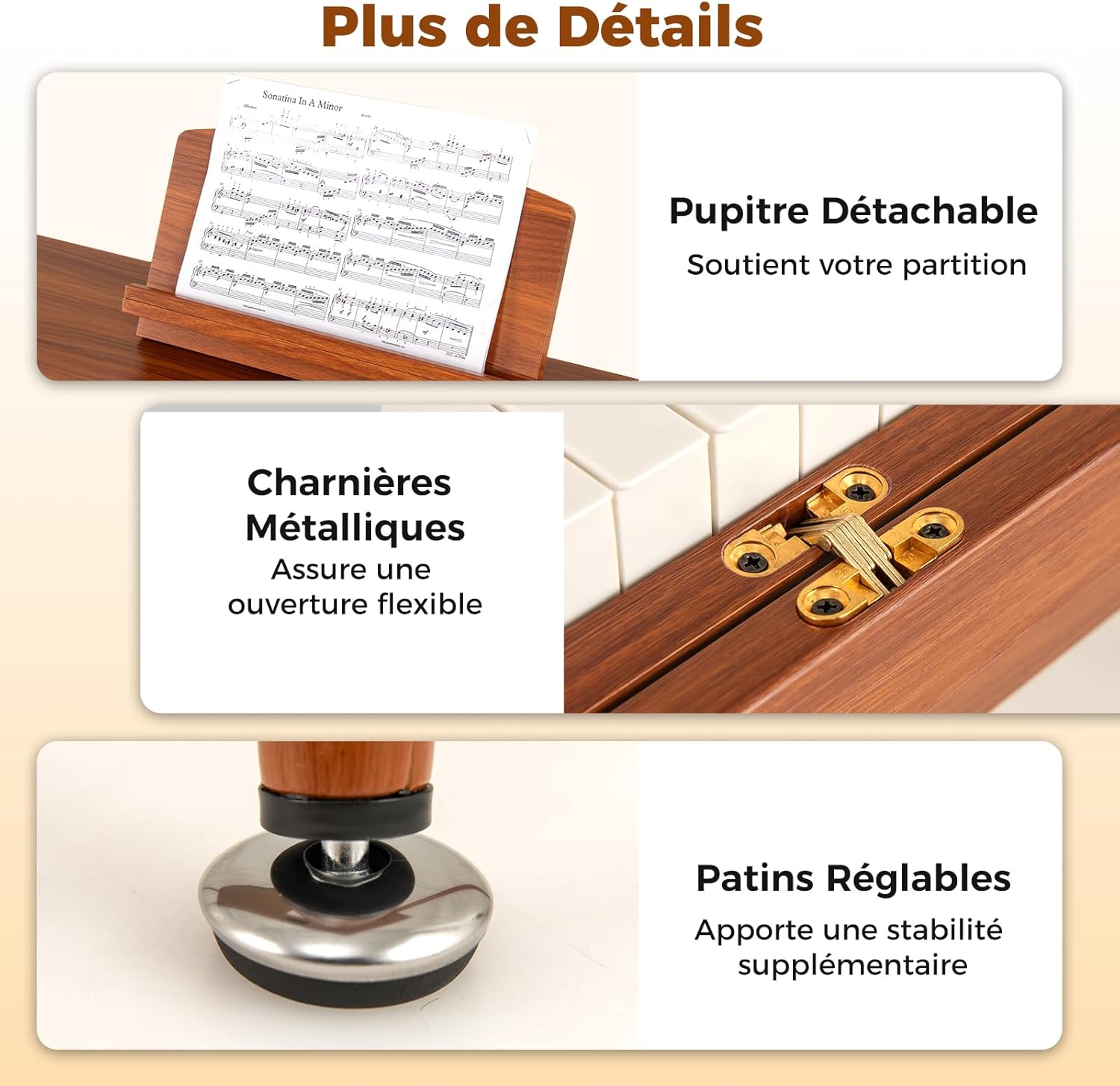 Piano Numérique 88 Touches Pondérées, Triple Pédalier, 2 Haut-parleurs, Casque, Connexion MIDI et Pupitre pour Débutants - 9