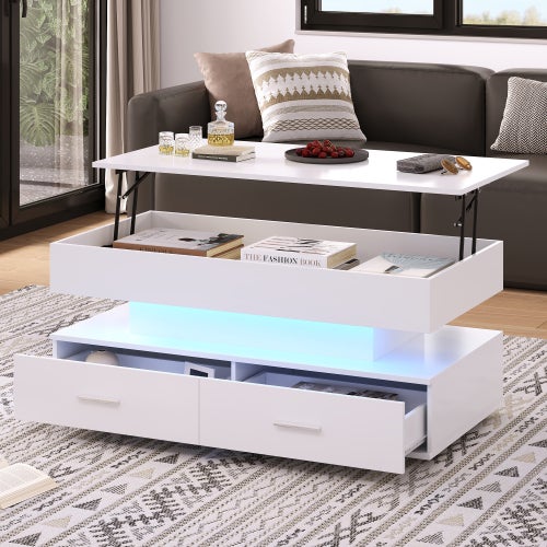 Table basse relevable LED 100x50x44 cm , Bluetooth, 2 Tiroirs et Rangement - pour Salon - Blanc - 8