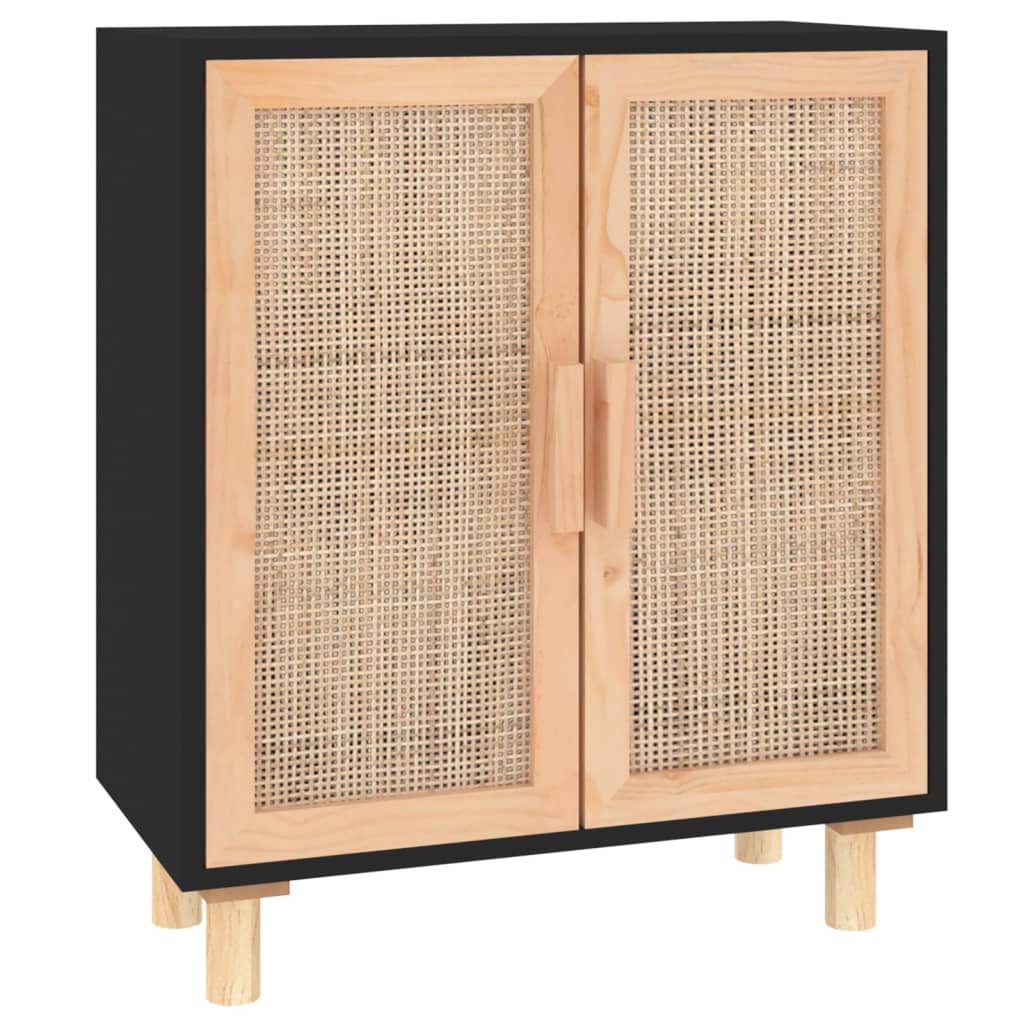 Buffet Noir 60x30x70 cm Bois de pin massif et rotin naturel - 2