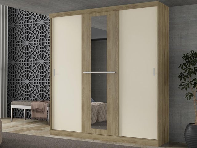 Roupeiro - 3 portas de correr - com espelho - L205 cm - natural e beige - DIDDA