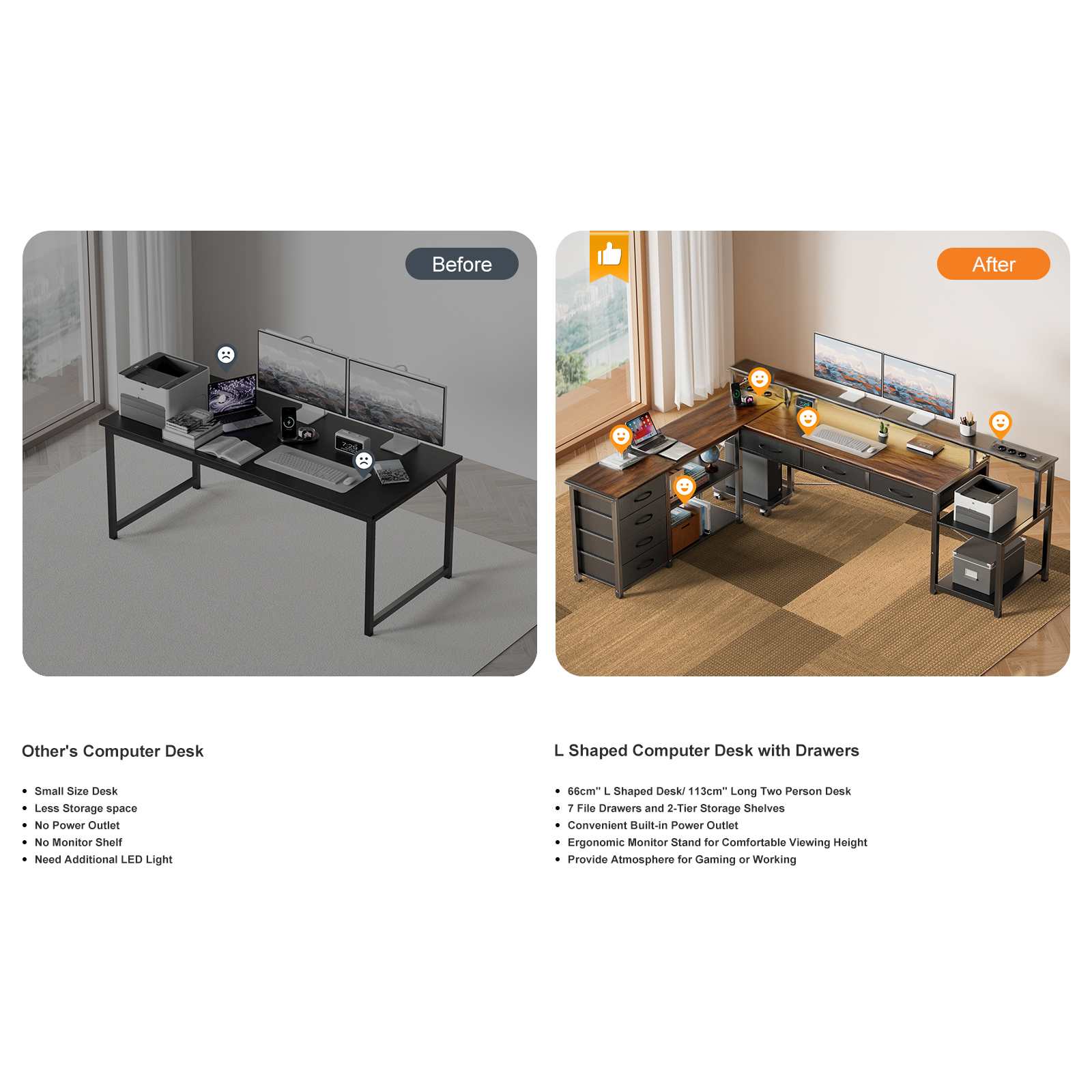 Bureau Gaming L-Shape 148cm avec LED, 3 Prises AC, 2 Ports USB, Tiroirs et Rangement - 6