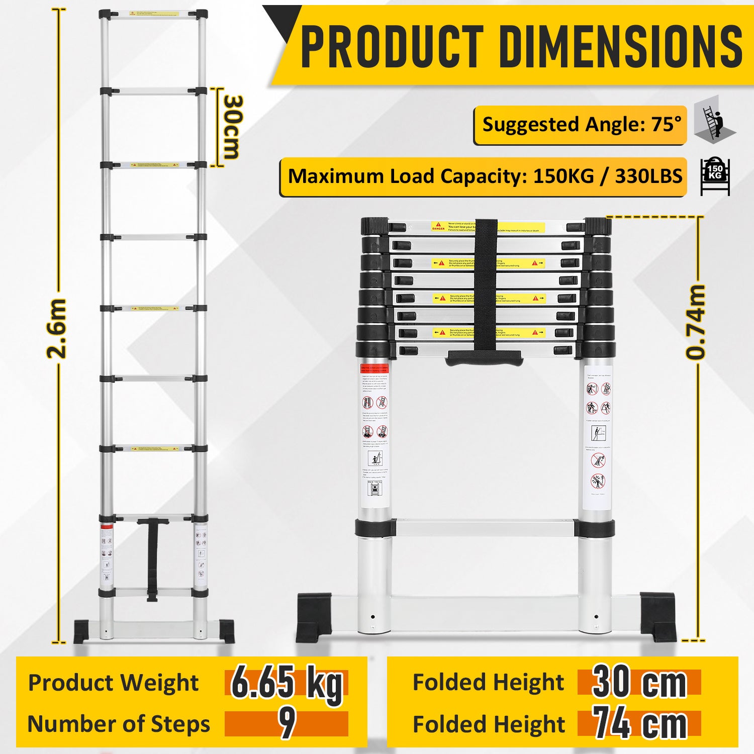 Escabeau echelle telescopique Pro 2,6m avec stabilisateur, 150kg, antidérapante - 2