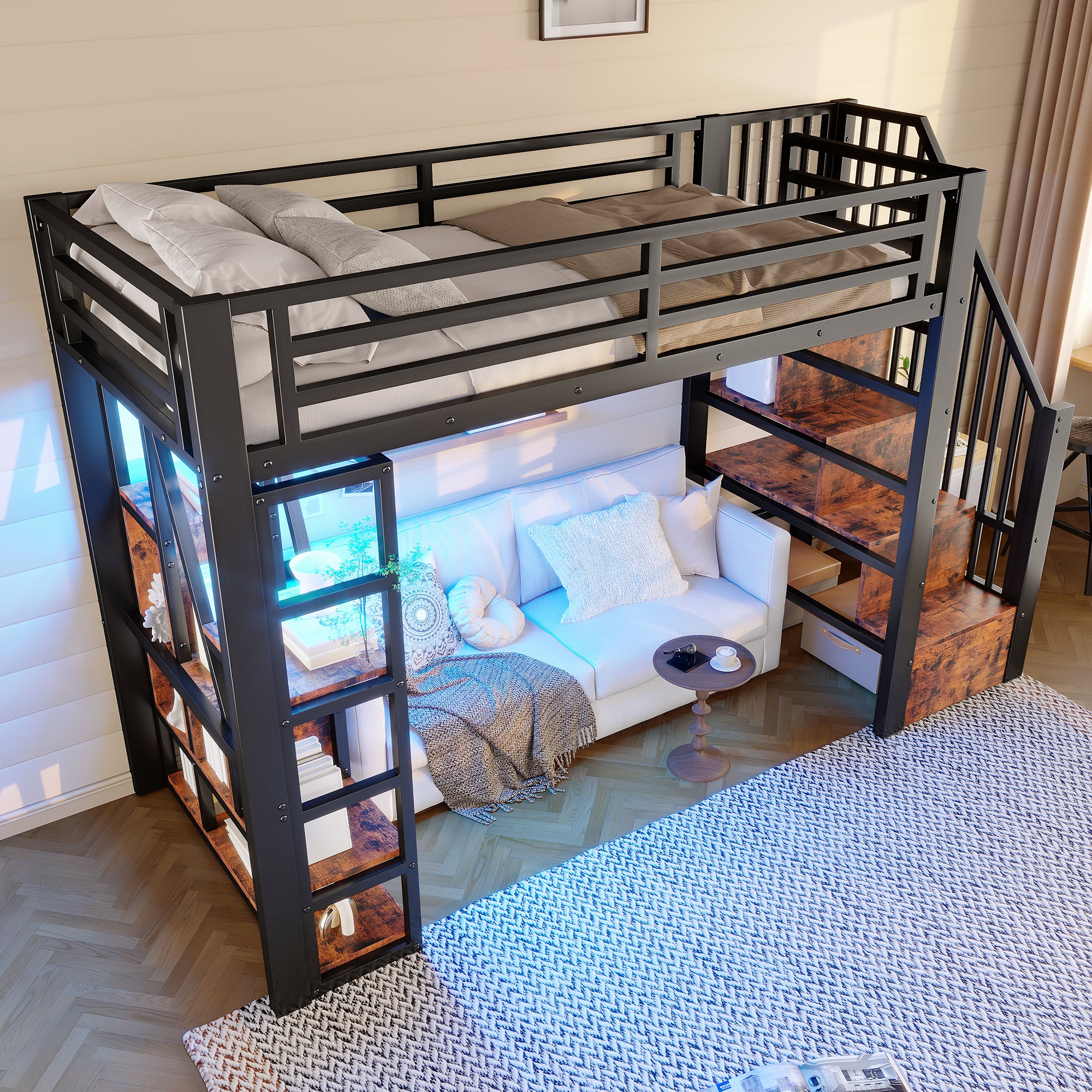 Lit mezzanine en métal 90x200 cm avec LED intégrée,lit surélevé avec rangements et étagères,escalier sécurisé,structure robuste style industriel,Noir - 4