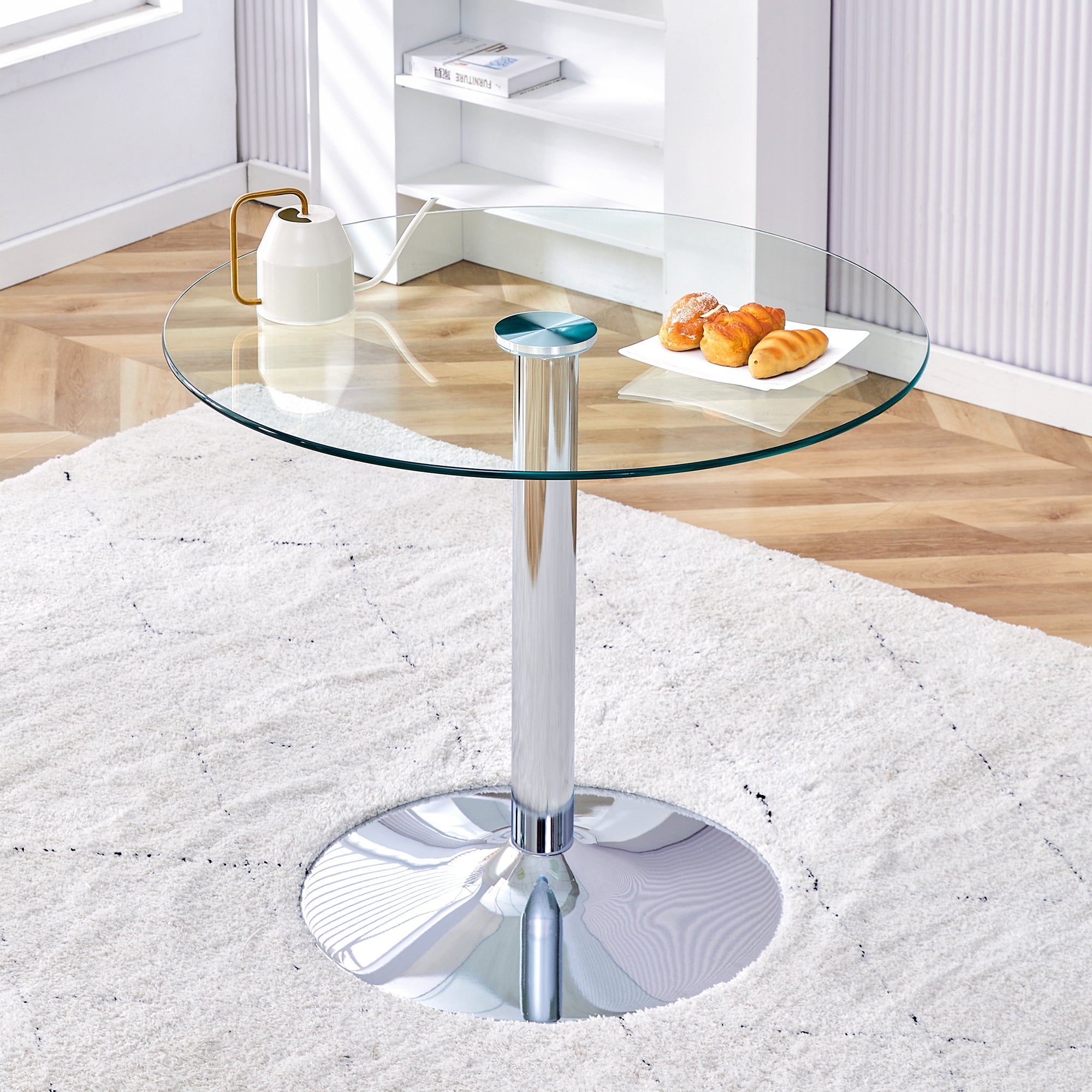 Table à manger ronde en verre 85 cm, plateau en verre transparent et ...