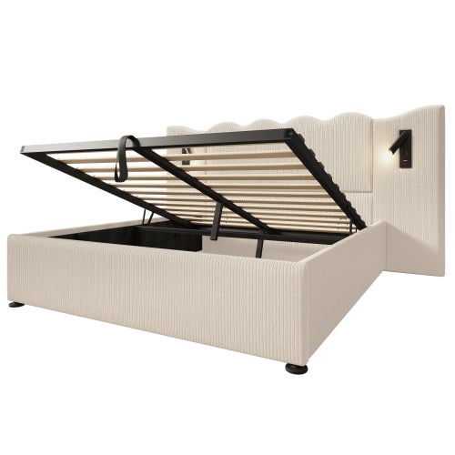 Letto Matrimoniale Queen Size Con LED RGB E Porta USB, Contenitore Sottostante - Velluto Beige 160x200 Cm - 2