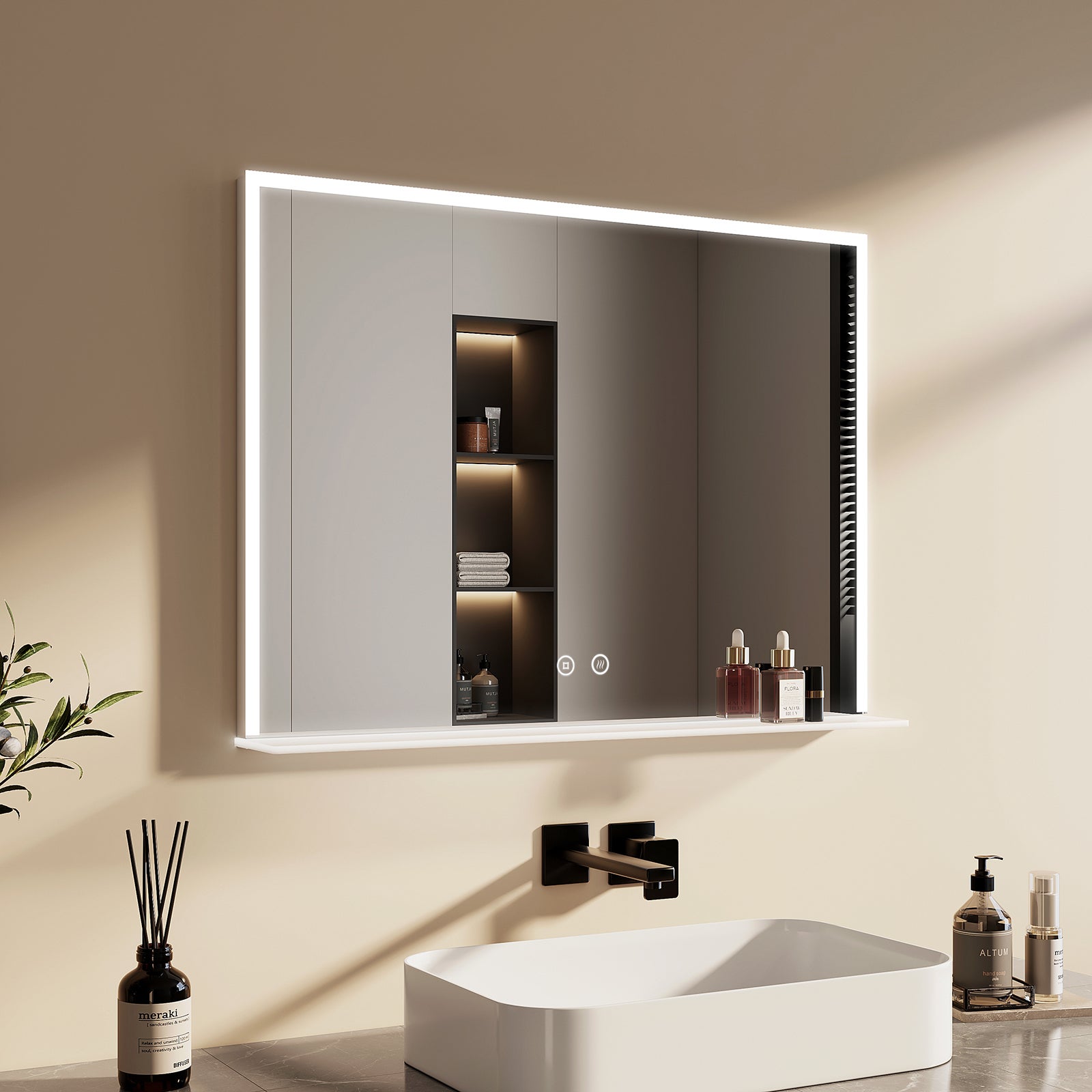 EMKE Lustro łazienkowe z oświetleniem LED 80x60 cm, z 6500K, możliwość ściemniania, przeciwmgielne, funkcja pamięci, ze szklaną półką