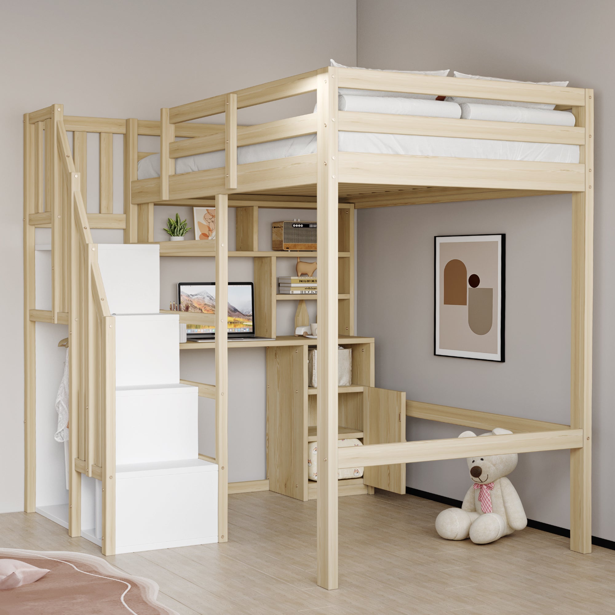Lit mezzanine enfant 90×200 cm (couleur bois) : bureau + étagères ...