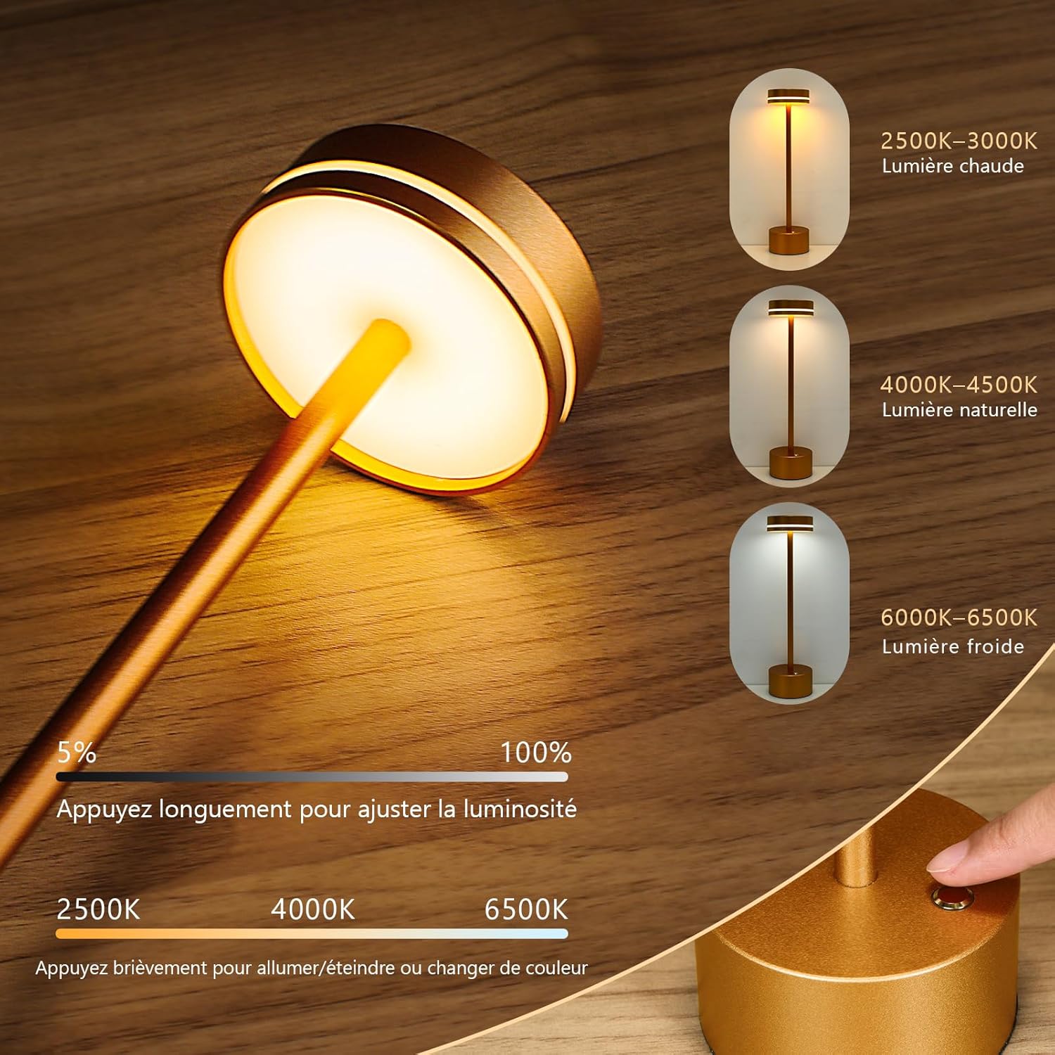 Bezprzewodowa i przenośna lampa stołowa LED, dotykowa i regulowana w 3 kolorach, nowoczesny design z metalową obudową do sypialni i tarasu - Złota - 2