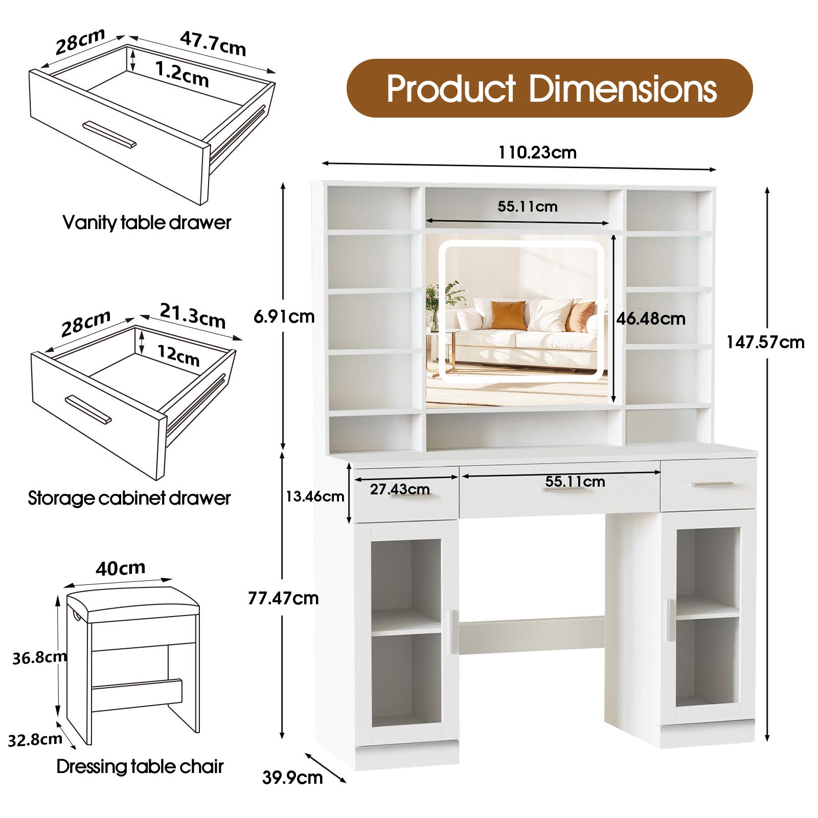 Coiffeuse avec miroir LED en MDF Blanc H. 140 x l. 110 x P. 39.9 cm - 7