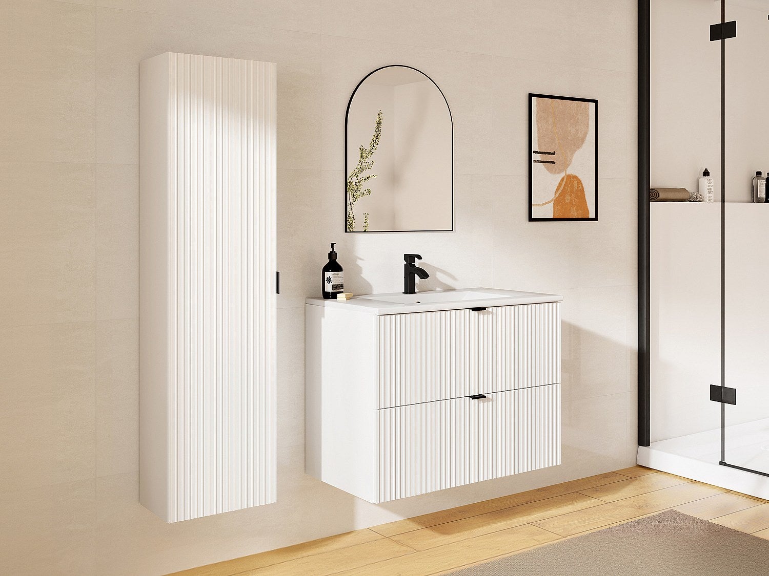 Szafka łazienkowa wisząca w paski z umywalką do zabudowy i słupek – biały matowy – 80 cm – ZEVINI