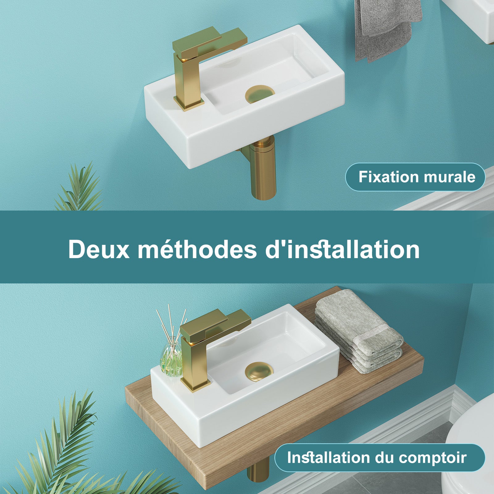 Lavabo Suspendu Salle de Bain, Petit Lavabo WC, Vasque de toilette invités, Mini Lavabo en Céramique, 37 x 18.5 x 9 cm HOROW - 4