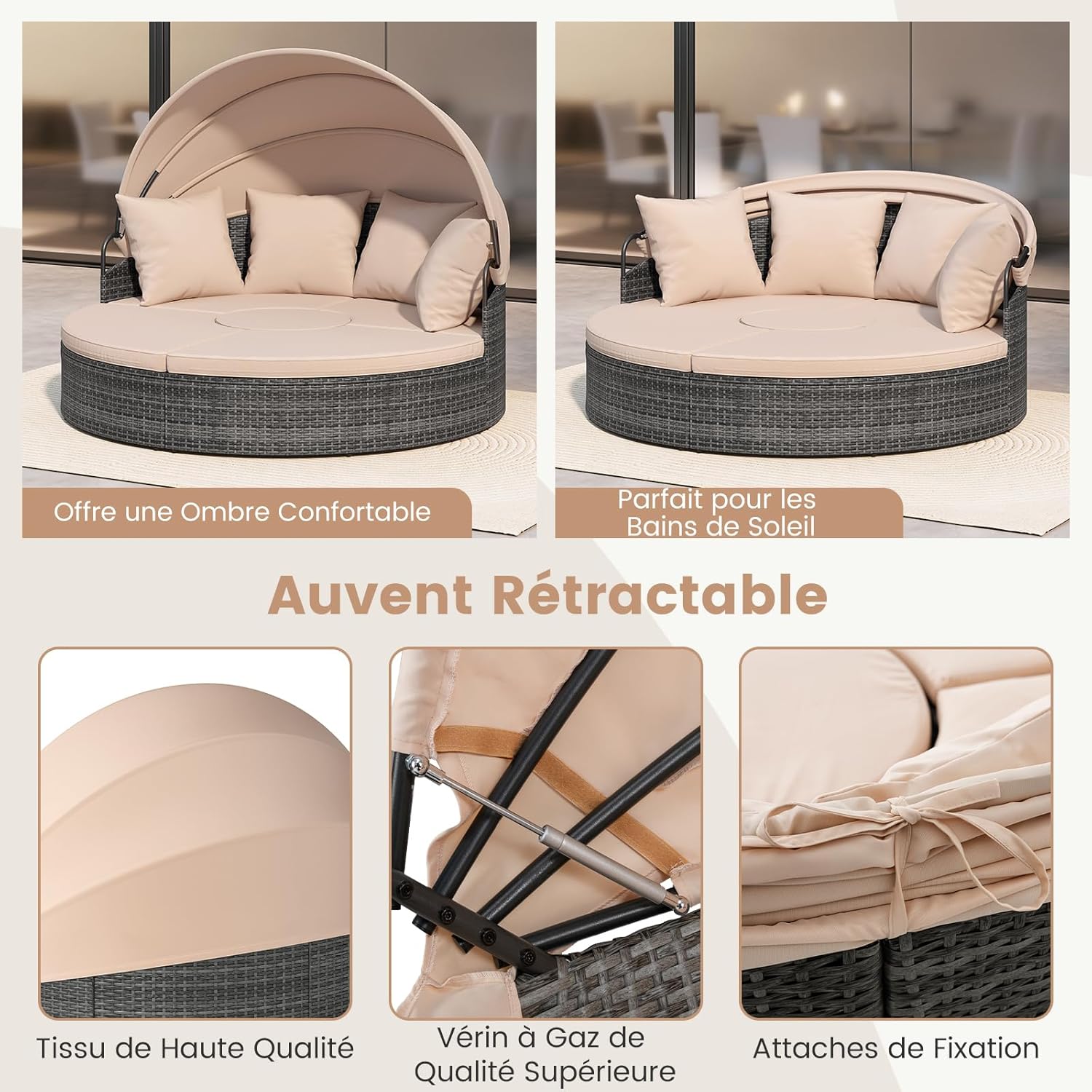 Lit Rond d'Extérieur avec Auvent Rétractable, Canapé d'Extérieur en Sections en Rotin PE avec Coussins, pour Jardin, Piscine, Beige - 3