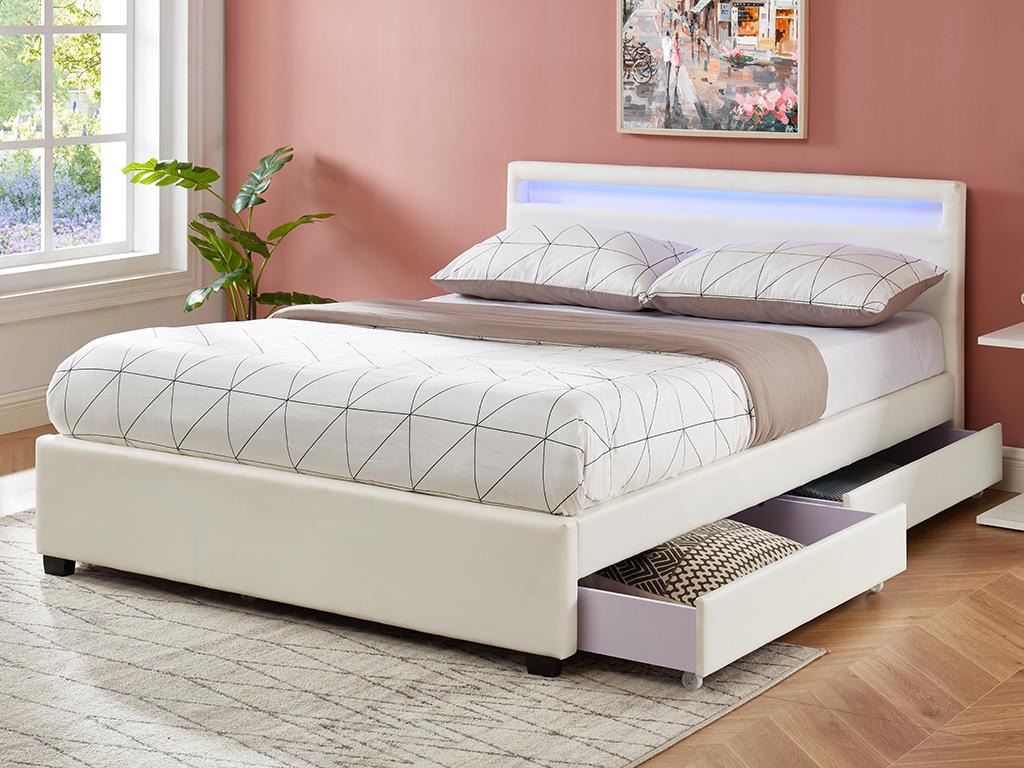 Łóżko z ze skrzynią – 140 ×&amp;nbsp;190&amp;nbsp;cm – skóra syntetyczna w kolorze białym z oświetleniem LED – ALOIS