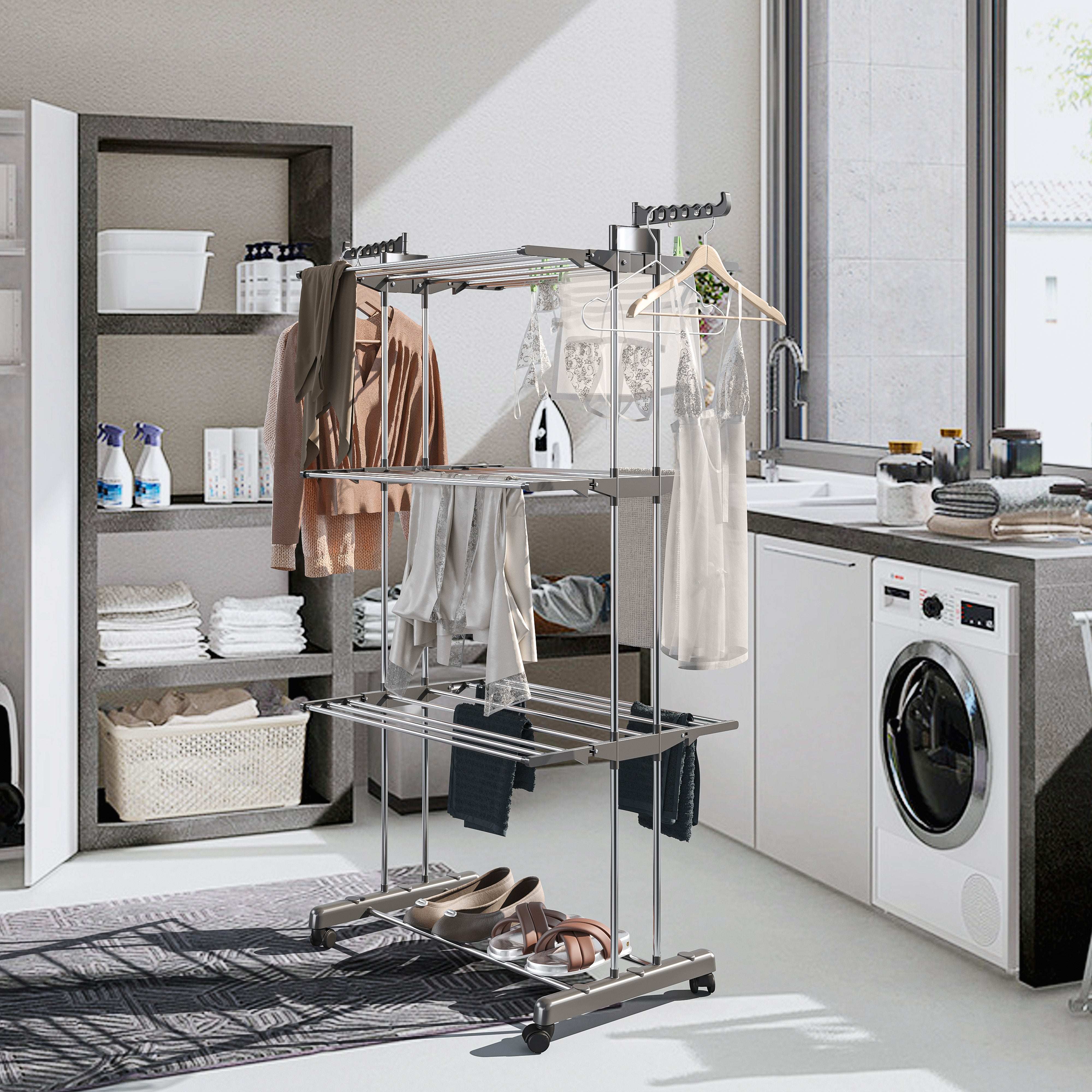 Stendibiancheria A Rotelle Stendino A Torre Verticale In Acciaio E ABS 4 Piani Pieghevole Salvaspazio Con Ali Richiudibile Biancheria Interno Grigio - 5
