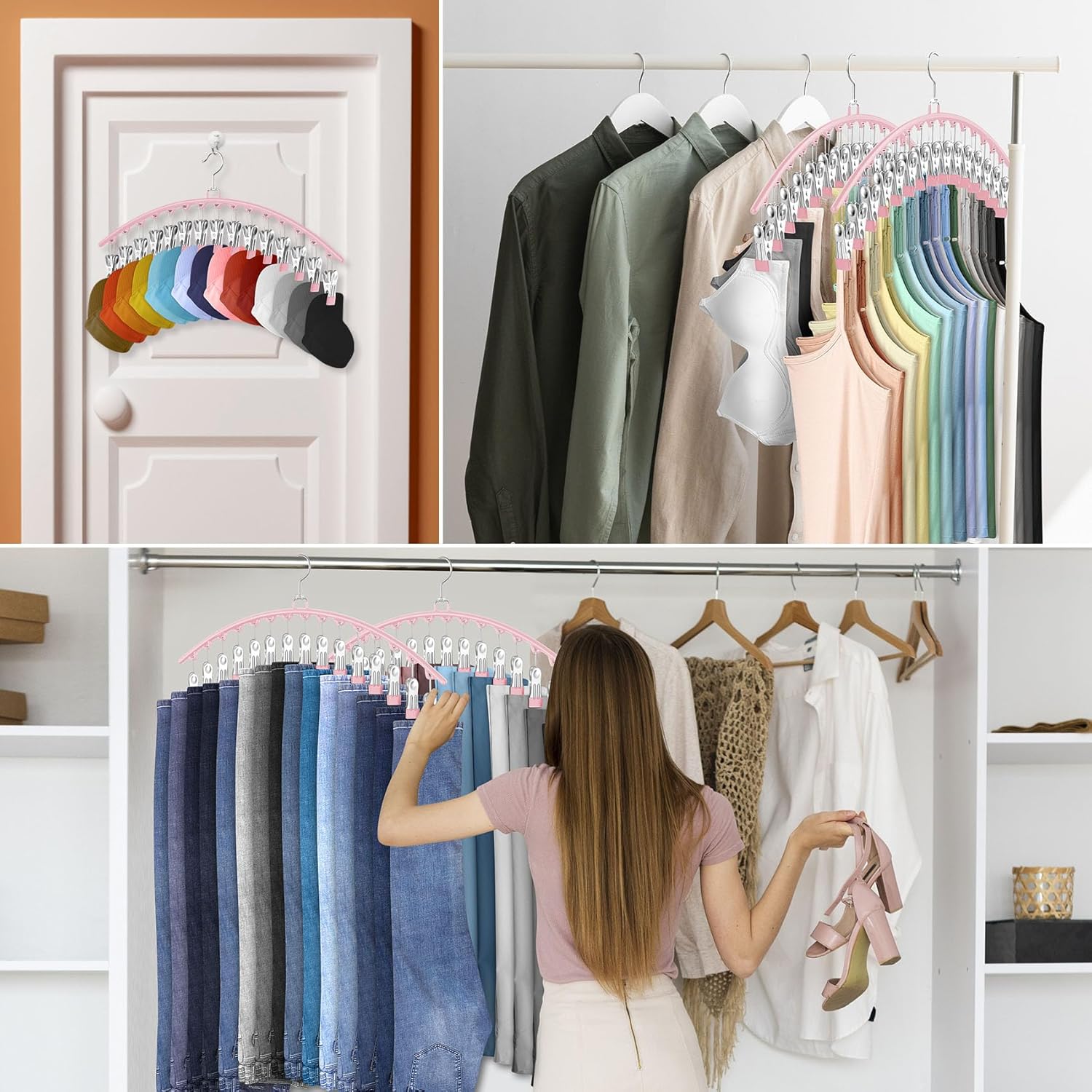 Stendibiancheria rosa 37*17cm con 2 cinghie antiscivolo in acciaio inox e 10 clip per appendere i calzini - 4