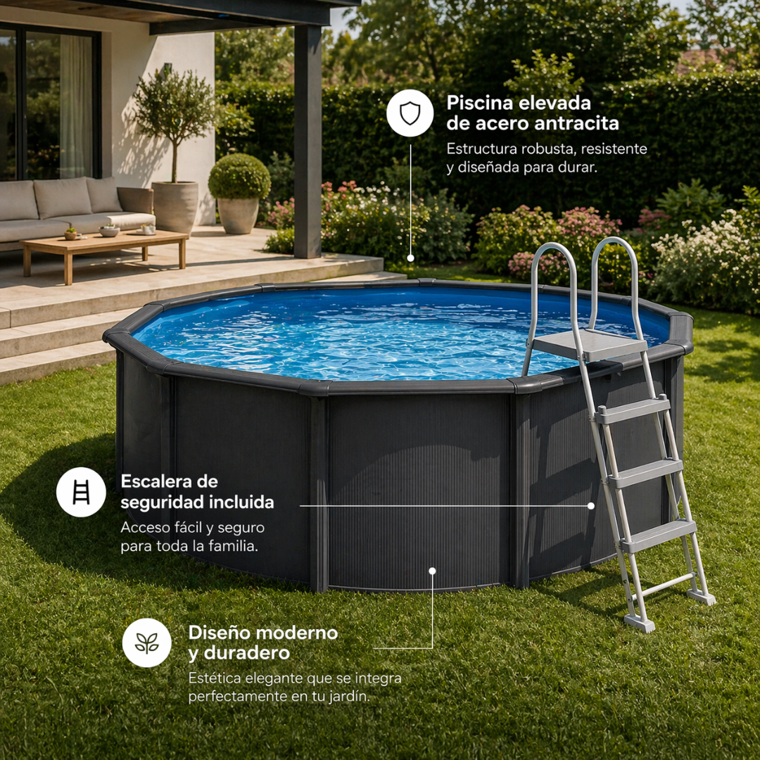 Piscina elevada de acero redonda 460x120 cm color antracita con depuradora y escalera de tijeras - 3