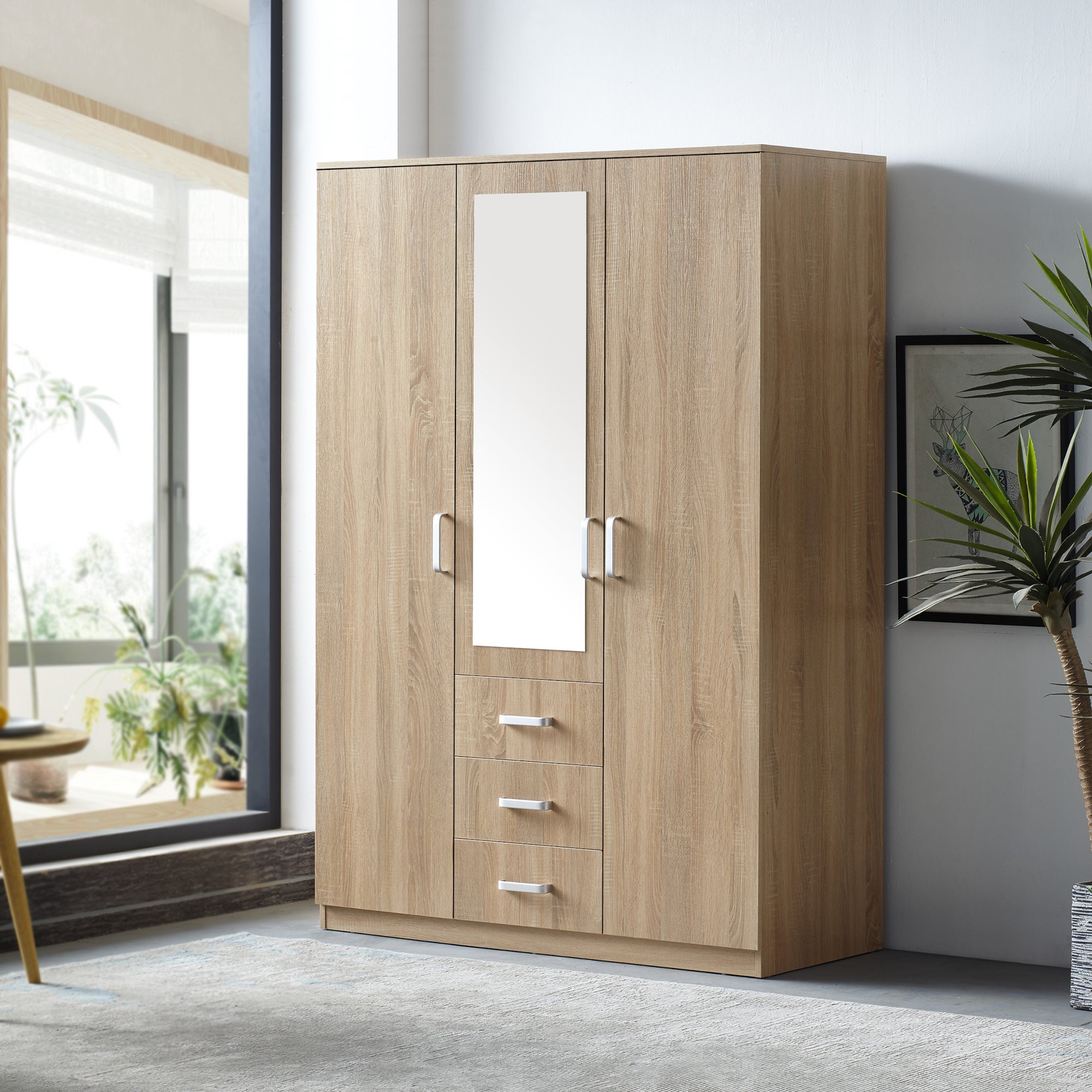 Armoire de chambre Bodolz 5 étagères 3 tiroirs + miroir MDF 176 x 120 x 52 cm effet chêne sonoma [en.casa] - 2