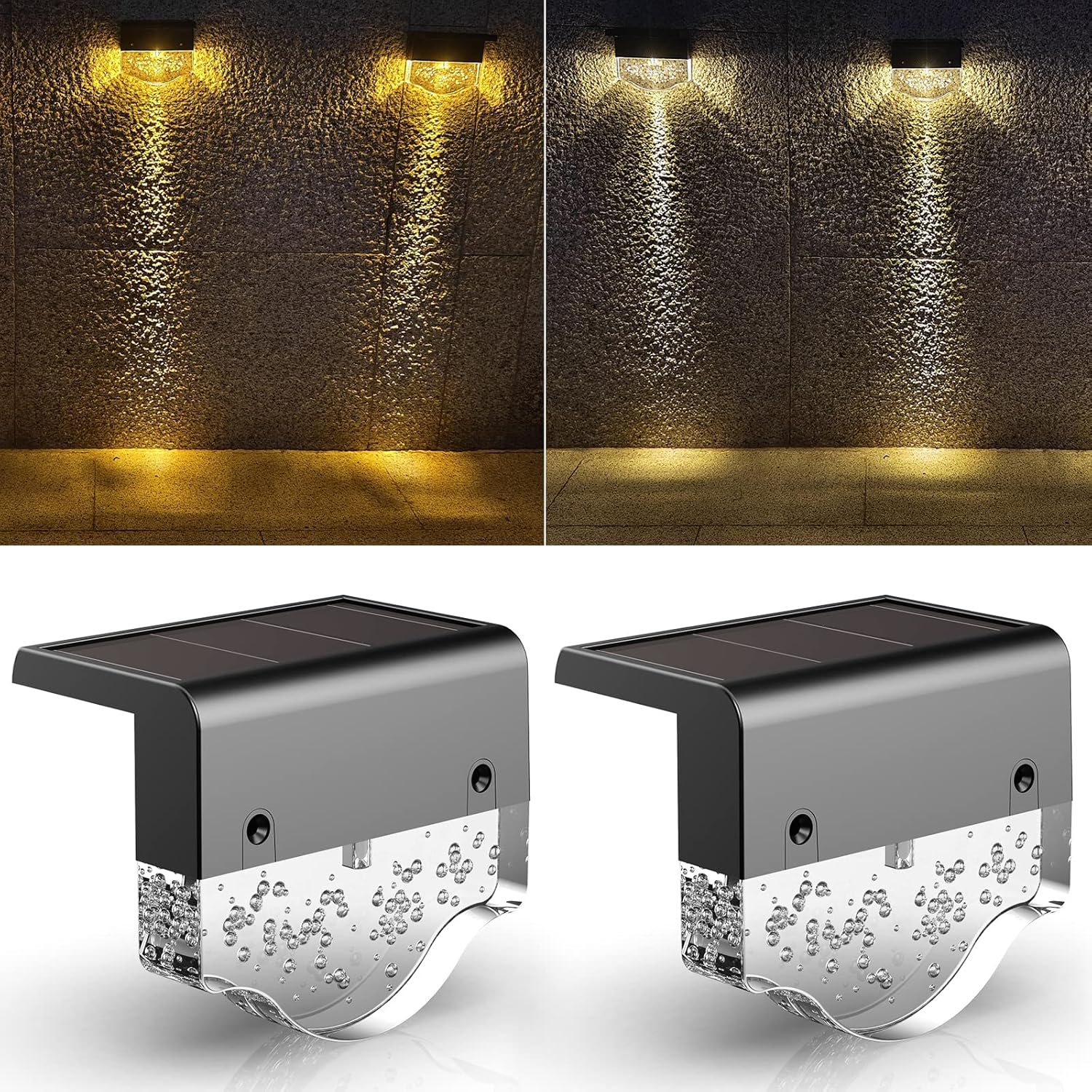 Zestaw 2 wodoodpornych lamp solarnych LED do ogrodu, dekoracyjne oświetlenie ścienne schodów, podwórka i tylnego patio