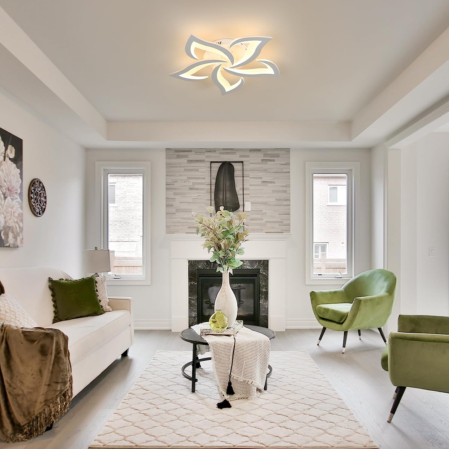 GOECO Plafonnier LED Moderne 60W, Design Floral en Pétales, 6750LM 3000K, Éclairage Lumineux pour Salon Cuisine Salle de Bain Chambre, Blanc - 3