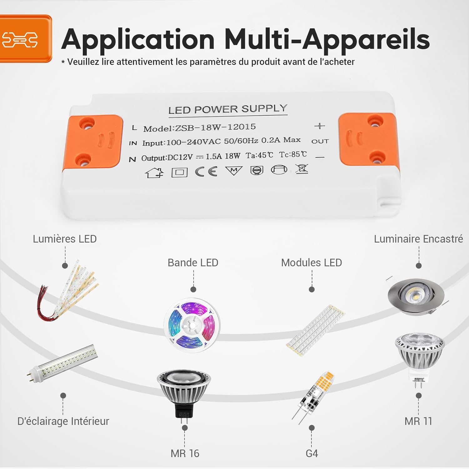 Transformateur 220V 12V - 230V Transformateur Led Driver, 18W 1.5A Alimentation Transfo 12V, Sans Bruit, Pour Lampes HalogèNes G4 Mr16 Gu5.3 - 3