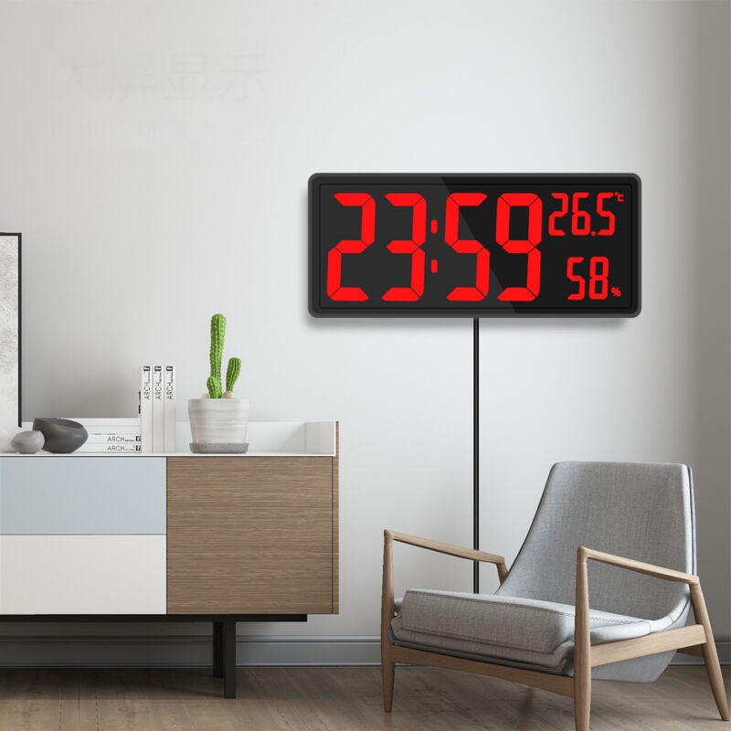 Horloge numérique grand écran, grande horloge murale numérique avec température et humidité, horloge murale numérique avec chiffres LED - 3