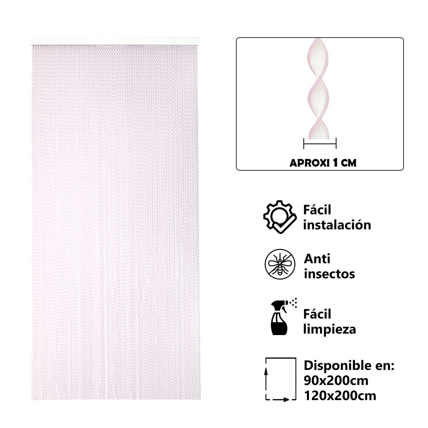 Aitsse- cortina espiral de pvc para puerta exterior o interior(200x120cm, blanco+filo lila r5)