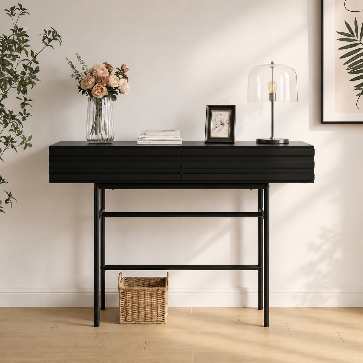 Table console Moderne avec 2 Tiroirs, Meuble d’entrée avec Pieds en Métal, 160x40.5x80.5, Noir - 2