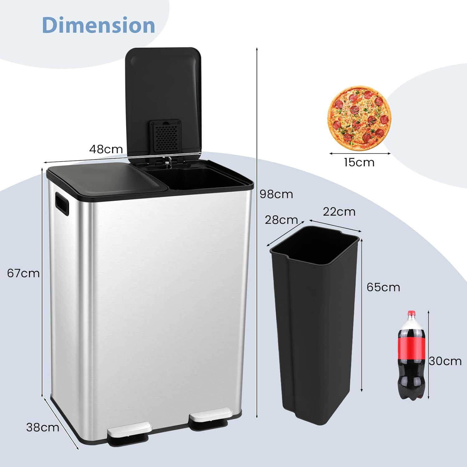Poubelle Double Compartiments 2 x 30L, Fermeture en Douceur, Casier pour Désodorisant - 4