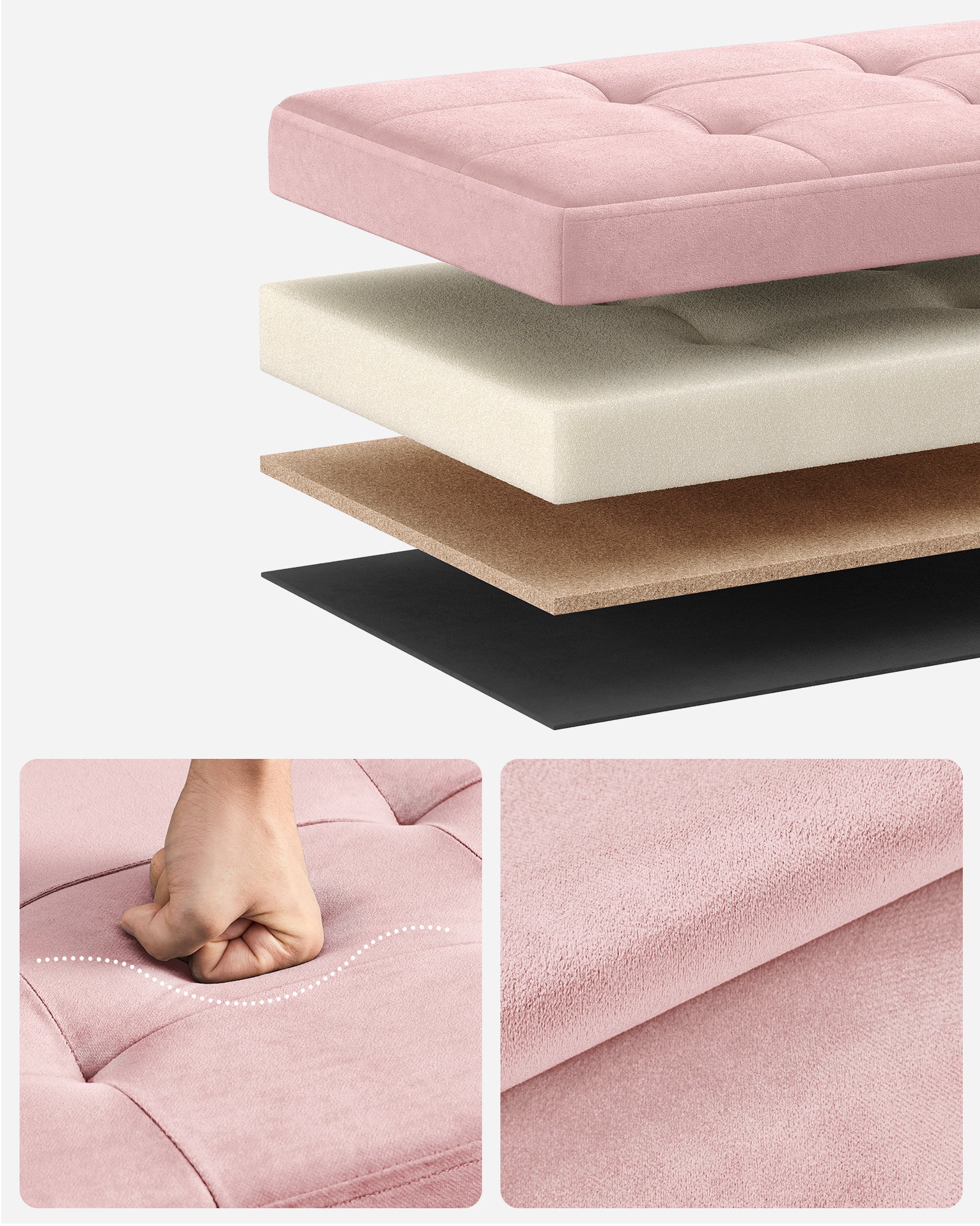 Banc de Rangement, Pouf en Velours, avec Couvercle, avec 2 Boîtes, Séparateur Amovible, 38 x 110 x 38 cm, Capacité de Charge 300 kg, Rose Bonbon - 3