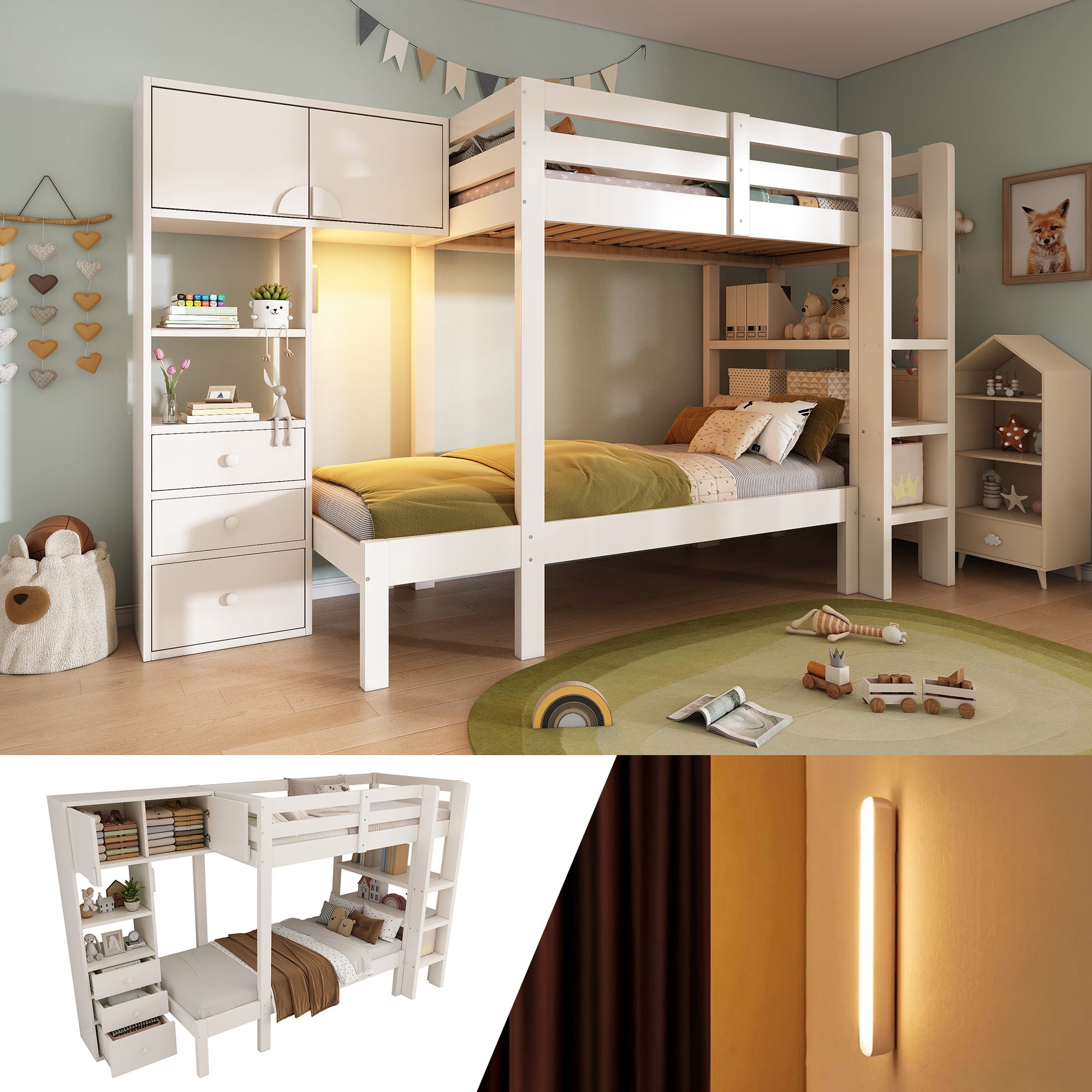 Łóżka piętrowe 2 x 90 x 200 cm z szafą, półką i 3 szufladami - Drewno lite + MDF - Białe (bez materaca)