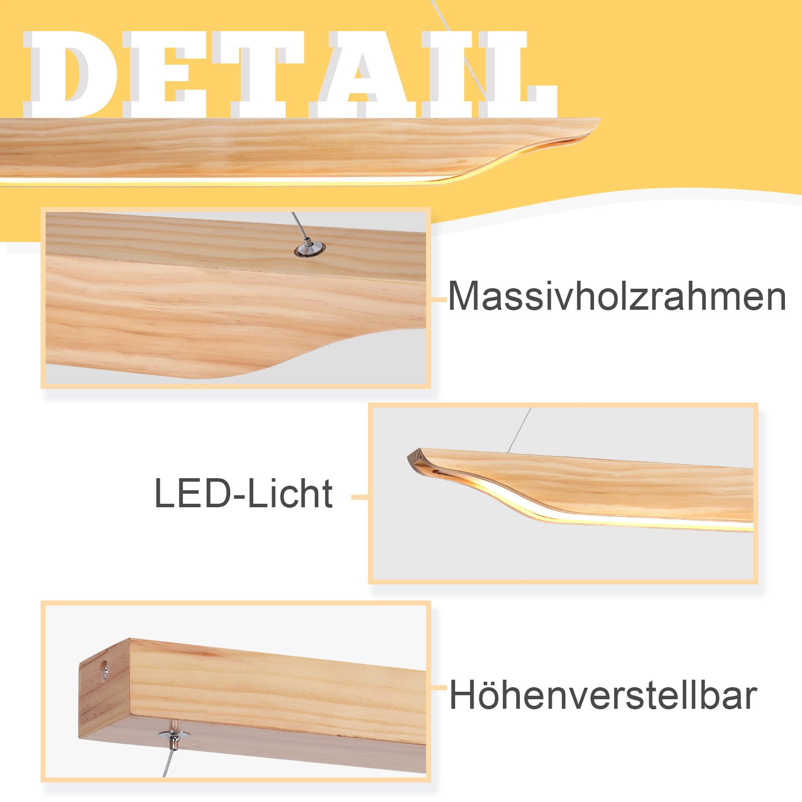 Suspension LED NETTLIFE en bois - Lampe de table à manger au design moderne 90 cm Intensité variable Avec télécommande - 3
