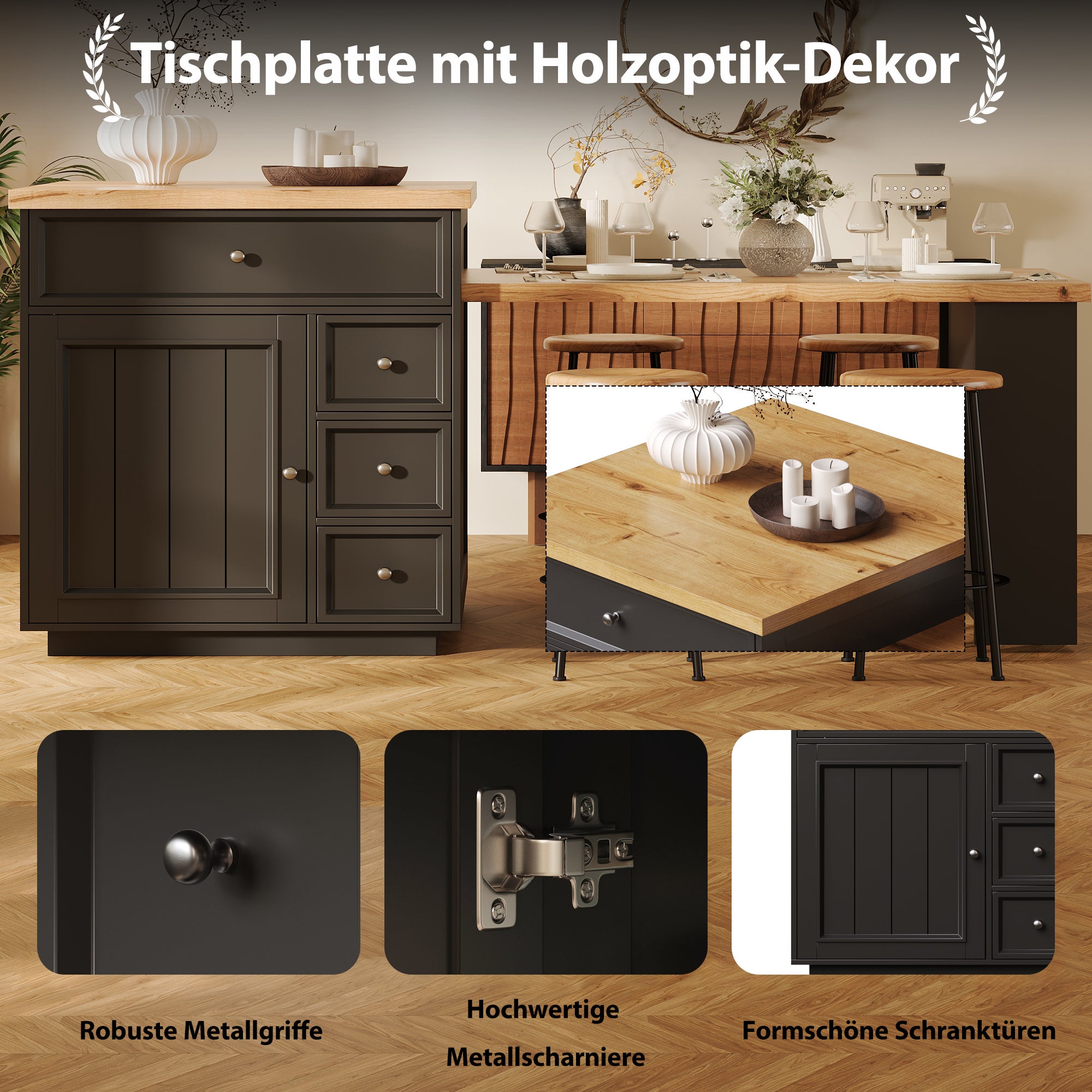 Îlot de cuisine extensible 120–184x70x94 cm avec tiroirs, plateau aspect bois, meuble mobile multifonction, cuisine et bar, noir - 5