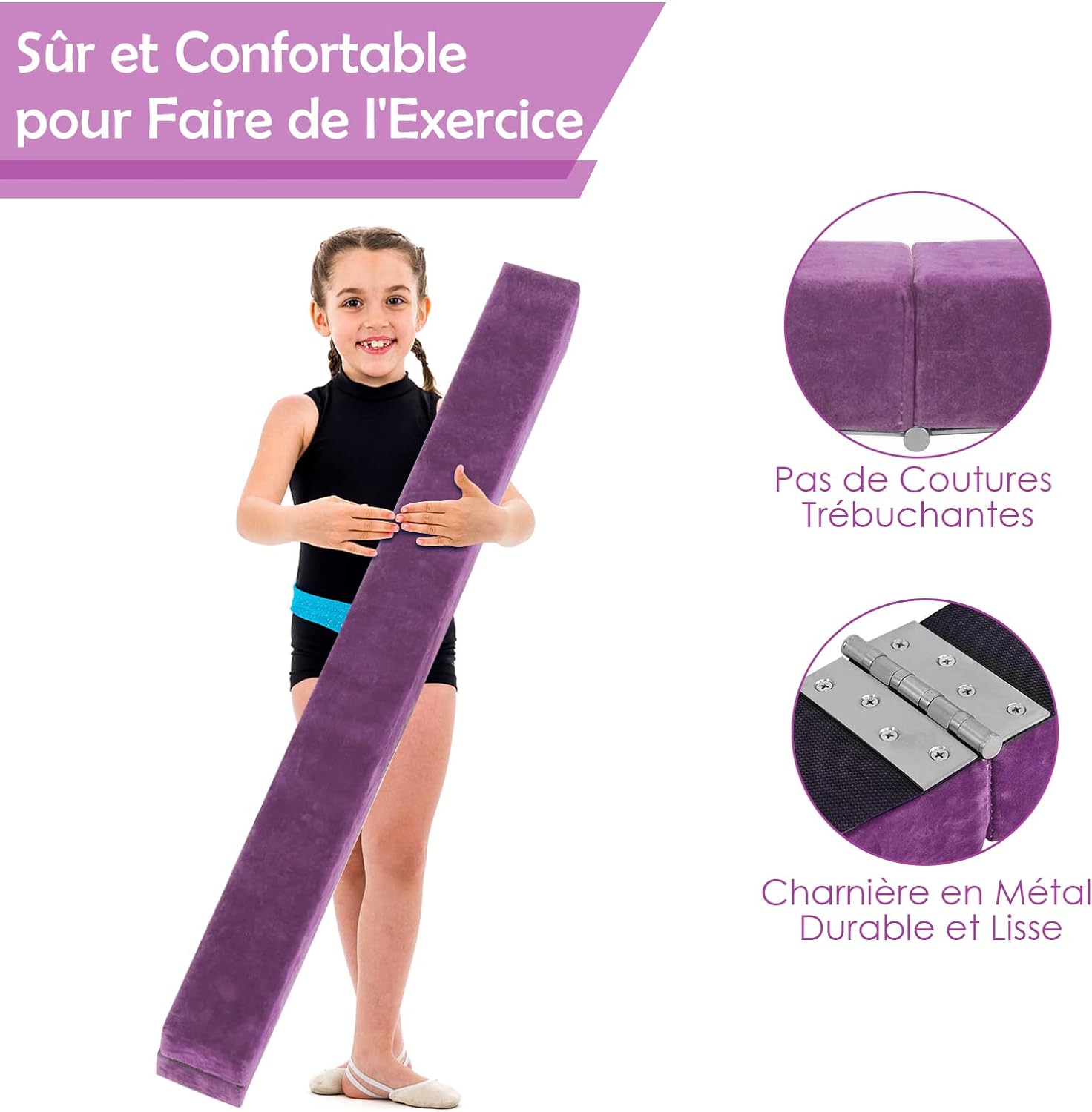 Poutre de Gymnastique Pliable 210cm pour Enfants Antidérapants Couverture en Daim Violet - 2