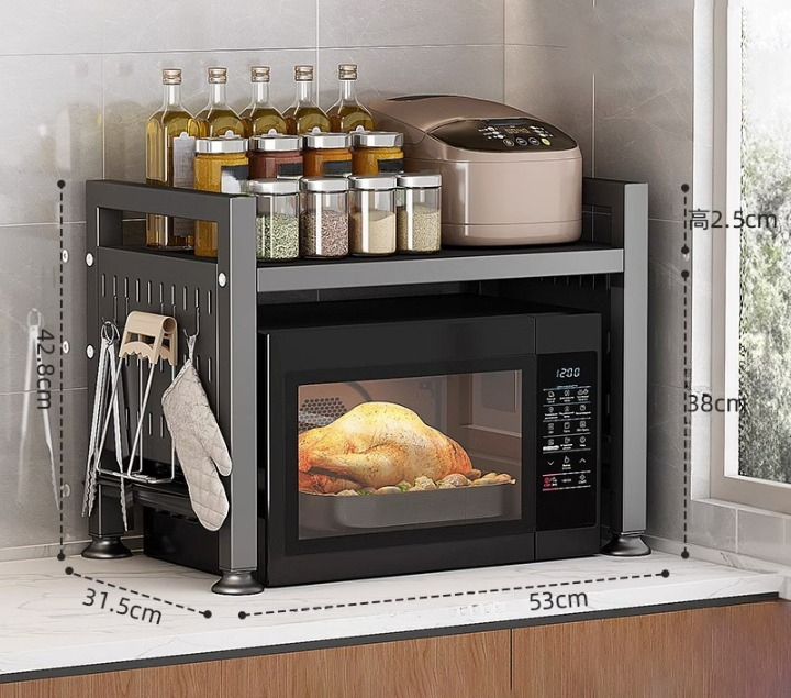 Support micro-ondes multifonction cuisine 53 cm gris foncé avec double étagère et 6 crochets - 5